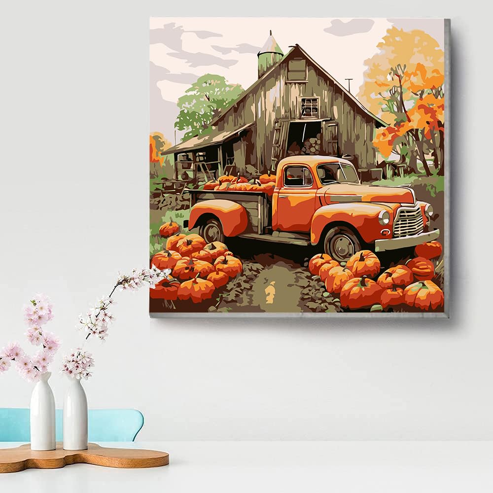 4 Pack Fall Pumpkin Paint by Numbers Kit for Adults Beginner with Frame,Thanksgiving Paint by Number with Wooden Easel DIY Adult Paint by Number Kits for Home Decor 10x10-9x12inch Kaixine