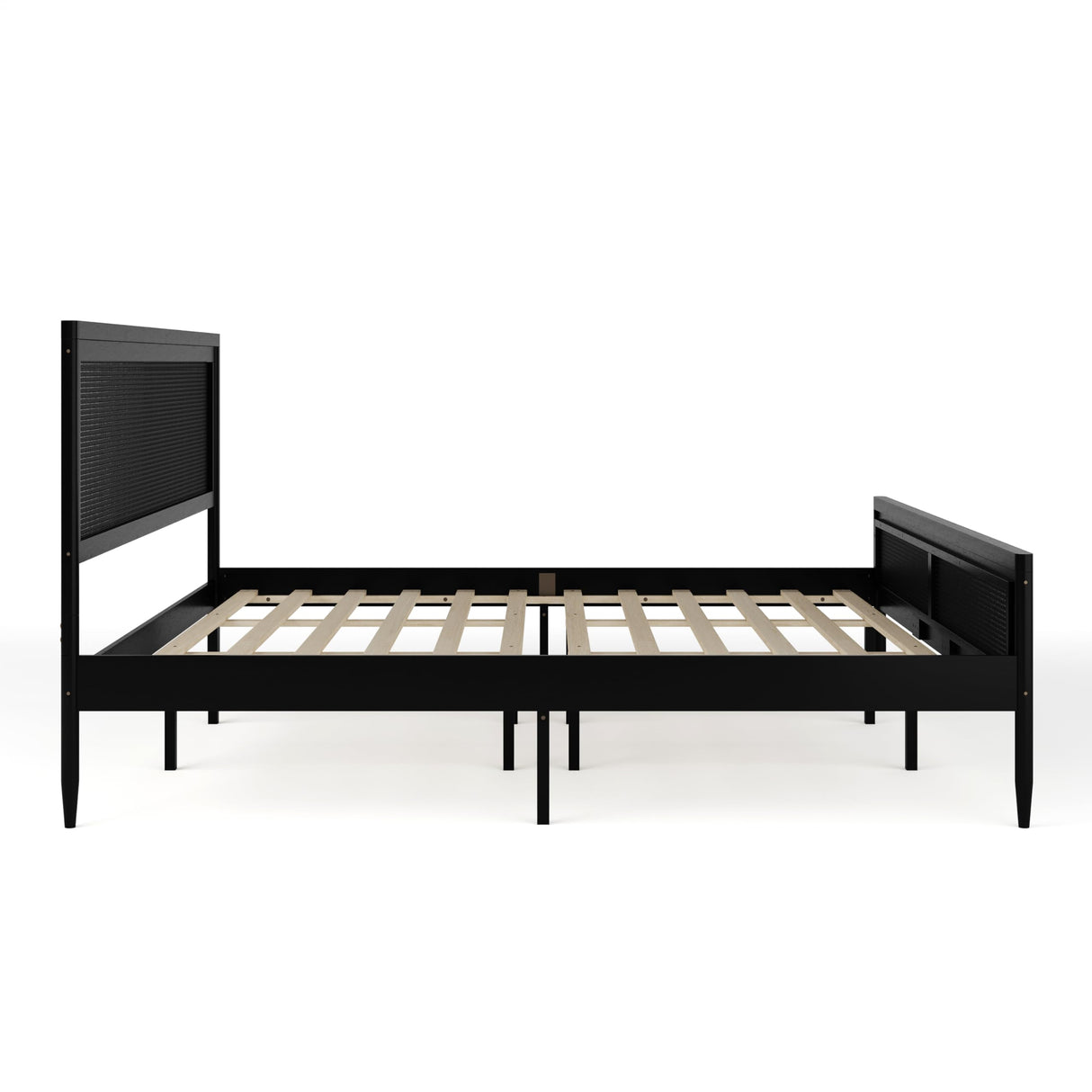 Martha Stewart Jax Platform Bed with Rattan Headboard and Footboard, Solid Wood Frame, Wooden Support Slats, No Box Spring Needed, King Size, Black Martha Stewart