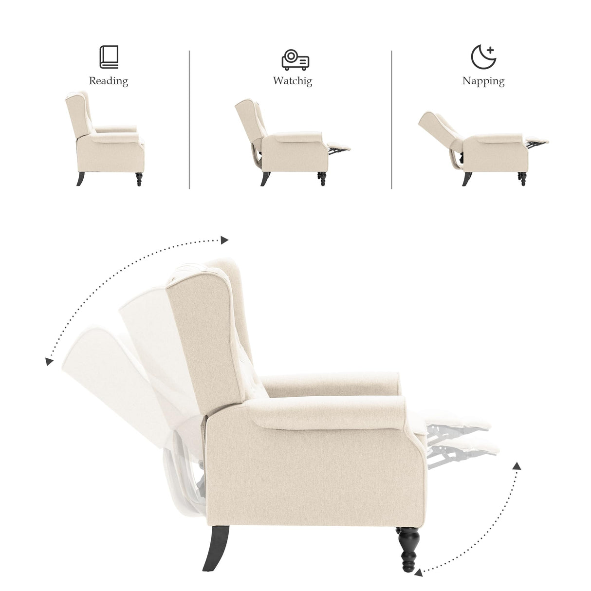 Mid Century Wingback Recliner Chair for Adults, Modern Linen Fabric Push Back Recliner Chairs with Button Tufted Upholstered Back & Footrest, Manual Recliner Chais for Living Room, Nursery, Beige BALIAA