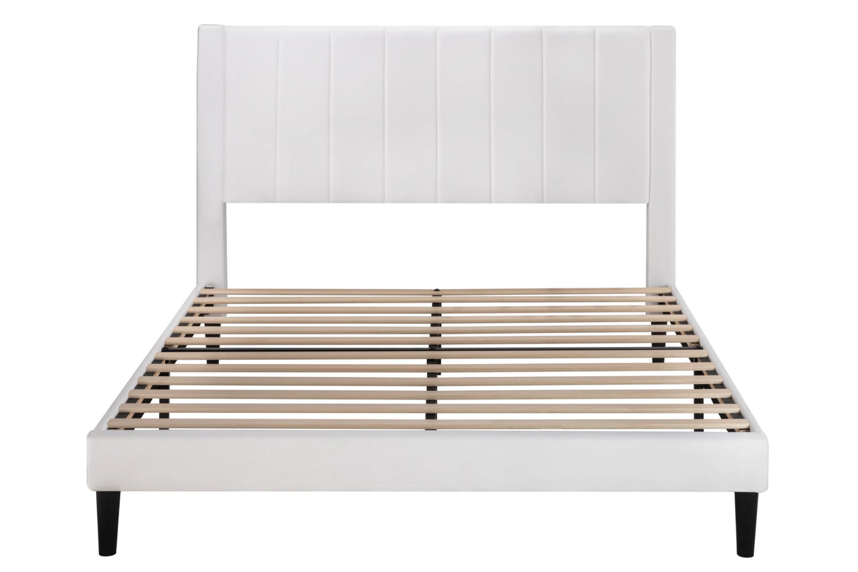 Allewie Full Platform Bed Frame/Velvet Upholstered Bed Frame with Vertical Channel Tufted Headboard/Strong Wooden Slats/Mattress Foundation/Box Spring Optional/Easy Assembly/White Allewie