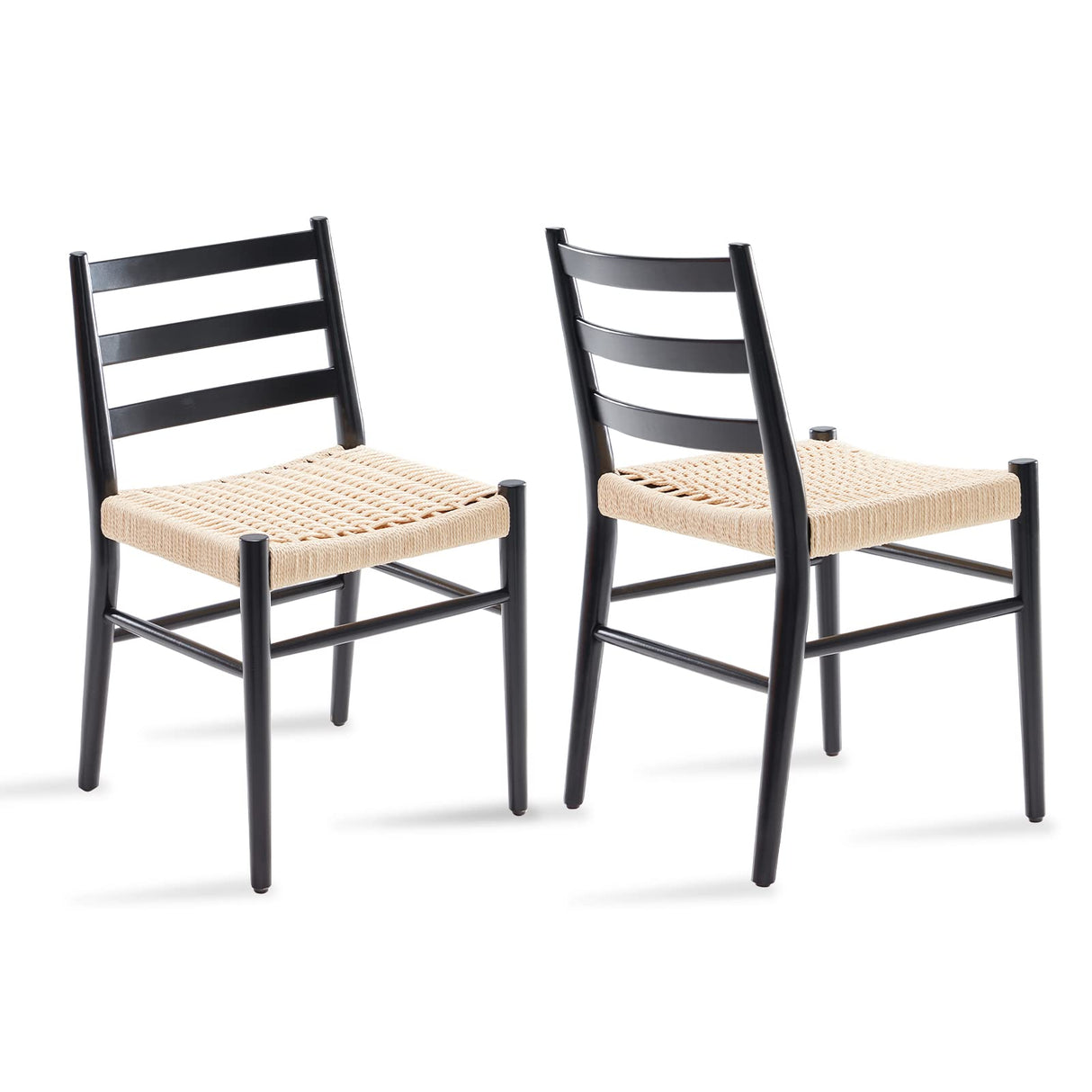 STARY Wood Rattan Dining Room Chairs Comfortable Woven Seat, Fully Assembled, New Black - Set of 2 STARY