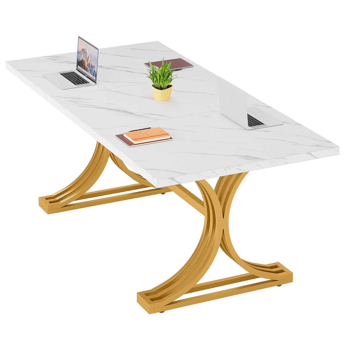 Tribesigns 5FT Conference Table for 4 to 6, 63" W x 31.5" D Modern Meeting Table with Faux Marble Tabletop, White and Gold Business Seminar Tables for Home Office (Faux Marble White+Gold) Tribesigns