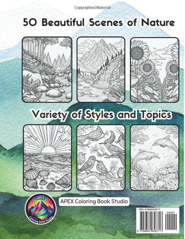Relaxing Nature and Landscapes Coloring Book: Enjoy creativity and stress relief coloring 50 calming images featuring mountains, rivers, deserts, ... more. Grayscale adds depth to your artwork. WoodArtSupply