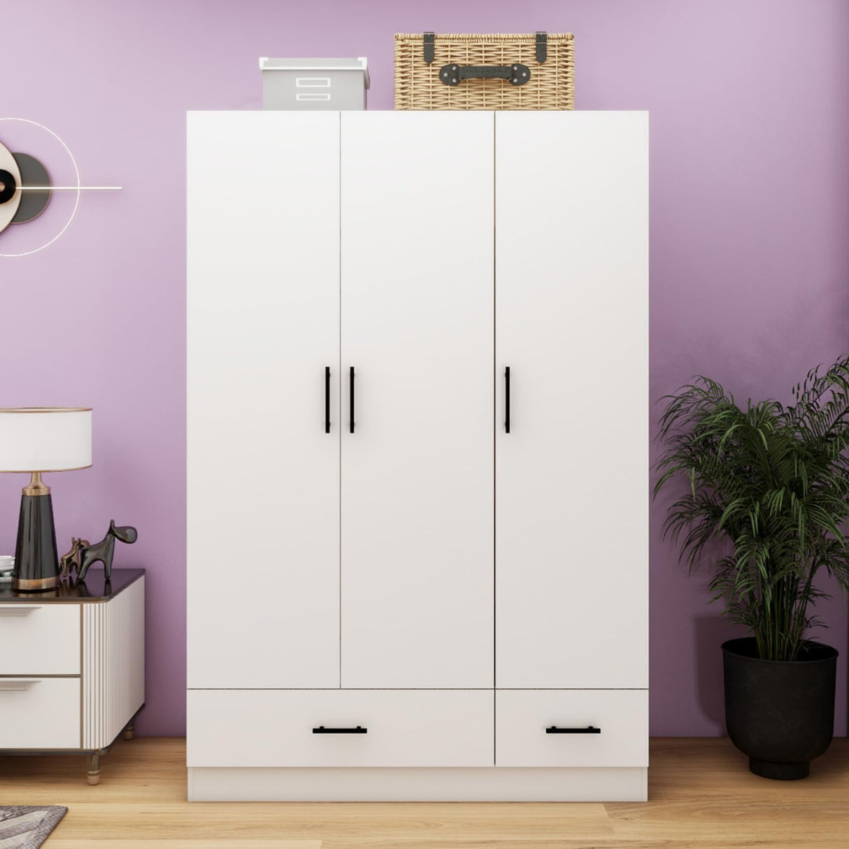 GraceGrove 3-Door Wooden Wardrobe Closet, Armoires and Wardrobes with 2 Drawers and Shelves Armoire Wardrobe Closet with Hanging Rod White 47.2''W x 18.9''D x 70.86''H GraceGrove
