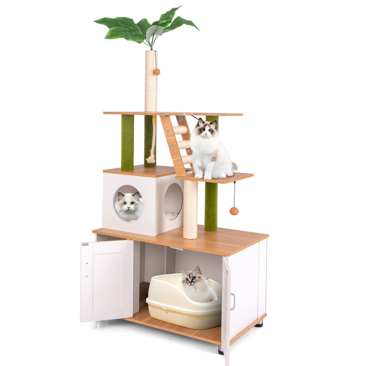 PETSITE Cat Tree with Litter Box Enclosure, Multi-Level Modern Cat Tree Tower with Sisal Scratching Posts, Cat Condo, Ladder, Dangling Balls, Interactive Sisal Rope, and Hidden Litter Box PETSITE