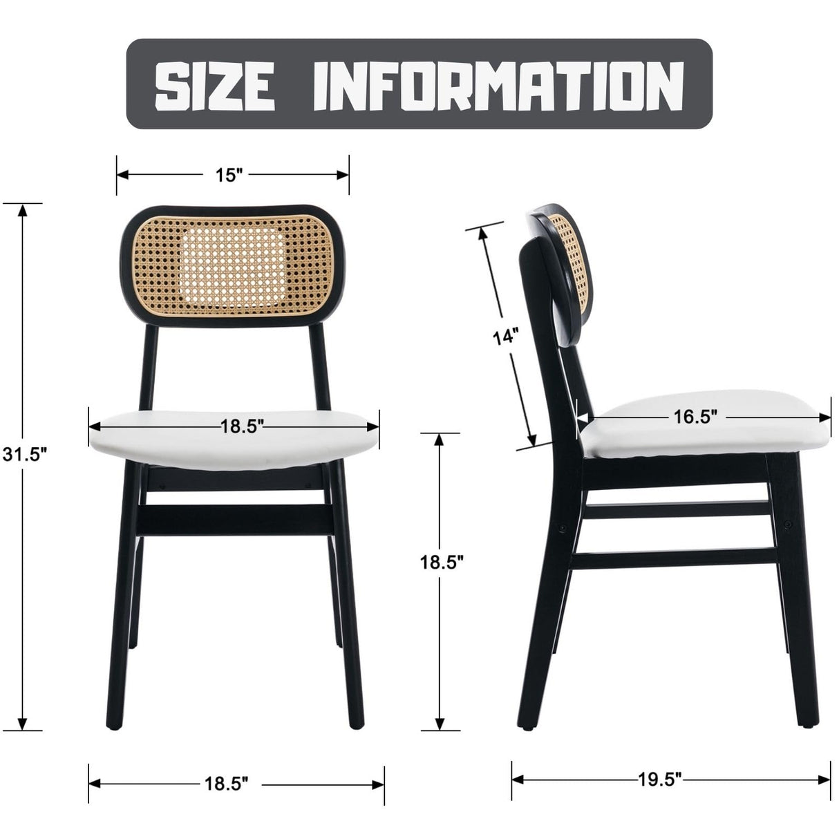 ROCITY Rattan Dining Chairs Set of 2 Black Wooden Dining Room Chairs White Faux Leather Kitchen Chairs with Back Farmhouse Side Chairs ROCITY