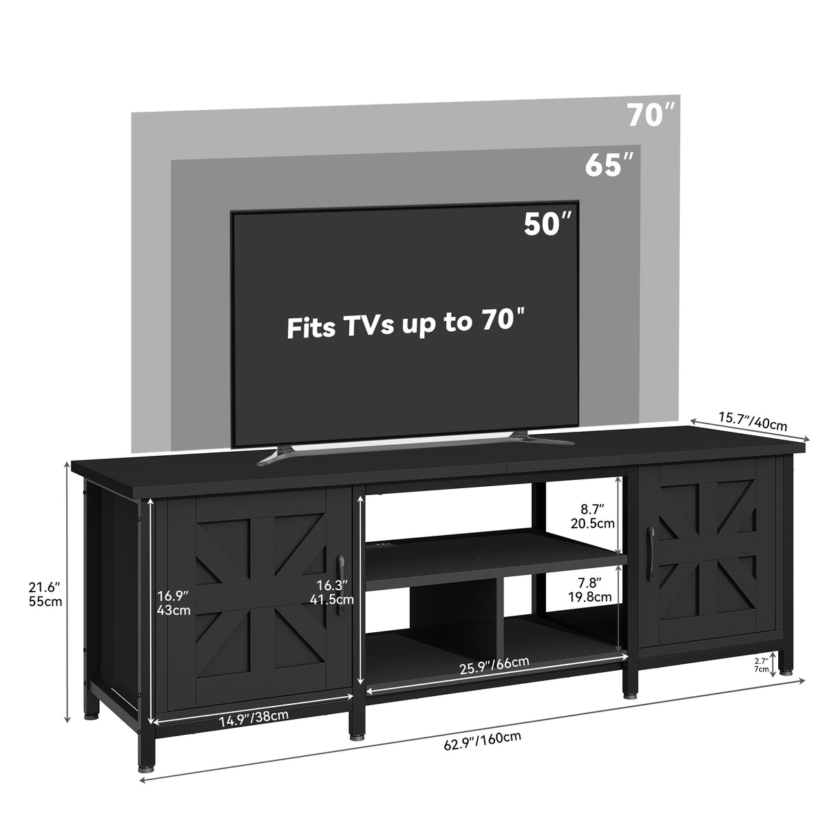 YITAHOME TV Stand with LED Lights & Charging Station, Farmhouse Entertainment Center with Storage Cabinets & Shelves, Cross-Pattern Doors, Fits TVs up to 70'', TV Consoles for Living Room, Black YITAHOME