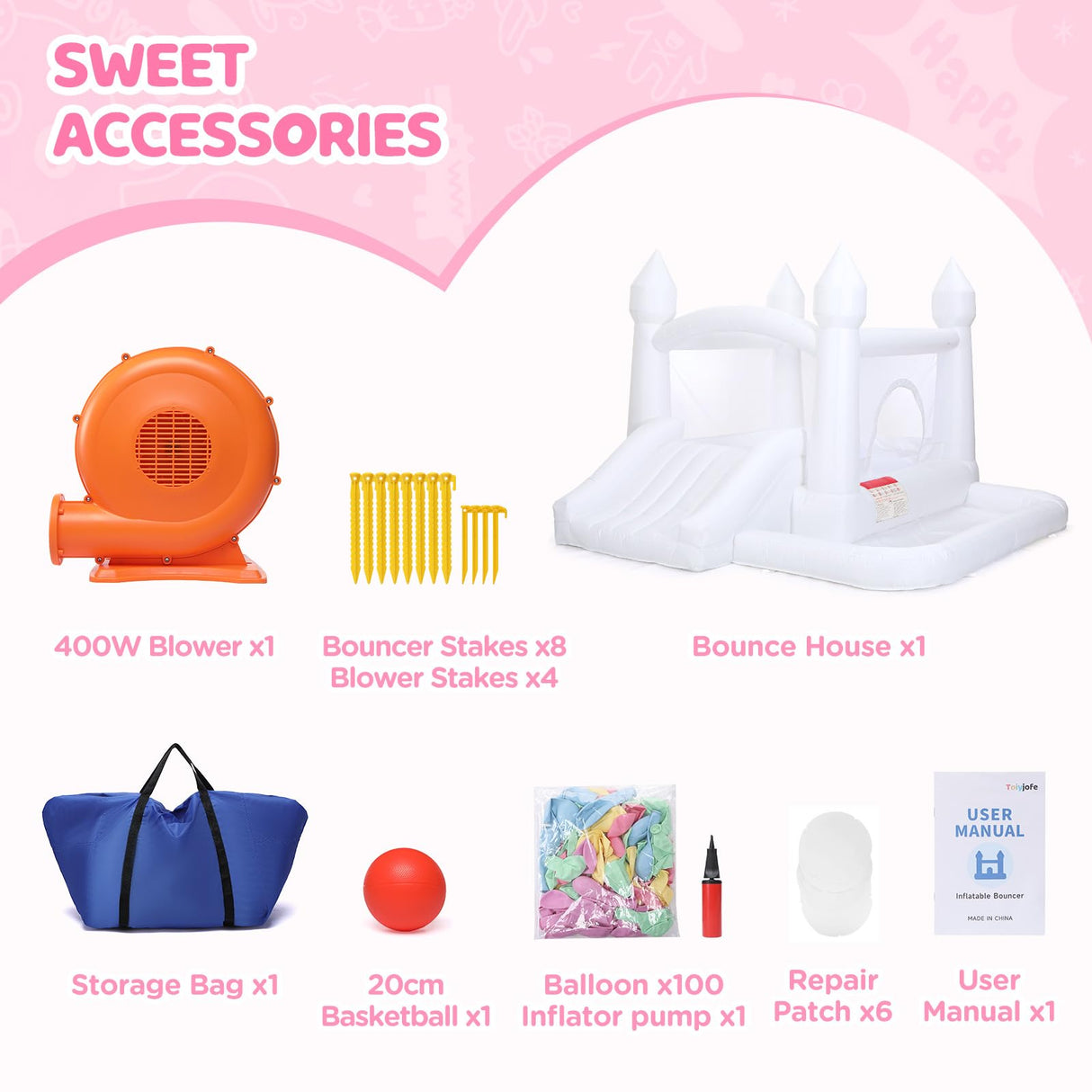 Toiyjofe White Bounce House, Inflatable Bouncer Castle with Slide, Air Blower, Ball Pit, Bouncy Castle for Indoor Outdoor Birthday Party Wedding Decor Backyard for Kids 3-8Y (10FT X 10FT X 7FT) Toiyjofe