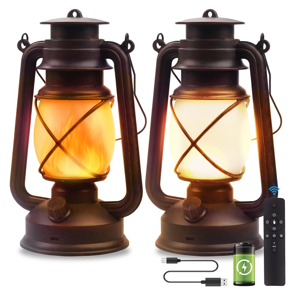 Lantern LED Battery Powered Camping Lamp Outdoor Hanging Lantern Flickering Flame Rechargeable Retro Lanterns Remote Control 4 Modes Light Non-Solar 2 Pack Marlrin
