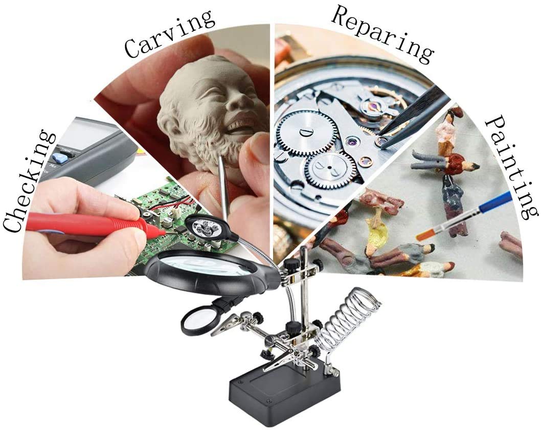 Beileshi 2.5X 7.5X 10X LED Light Helping Hands Magnifier Soldering Station,Magnifying Glass Stand with Auxiliary Clamp and Alligator Clips Beileshi