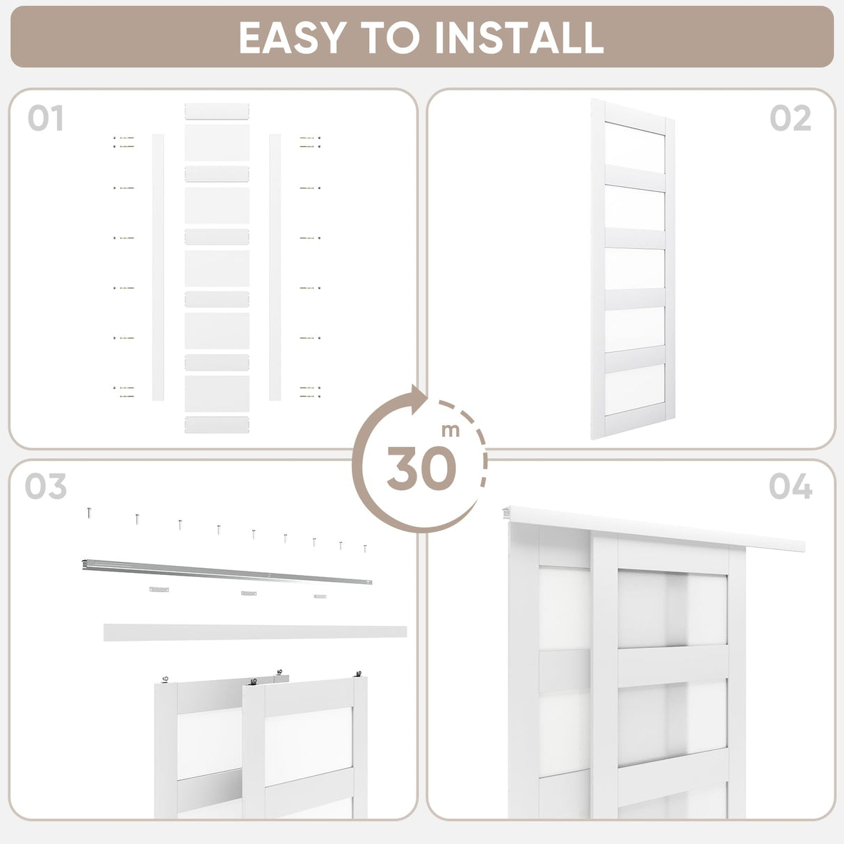JUBEST Sliding Closet Door 48"(Double 25") x 80", 5-Lite Frosted Glass Bypass Door with Hardware Kit & Matching Fascia, Pre-Drilled MDF Wood Slab with Water-Proof PVC Surface, Easy to Install, White JUBEST