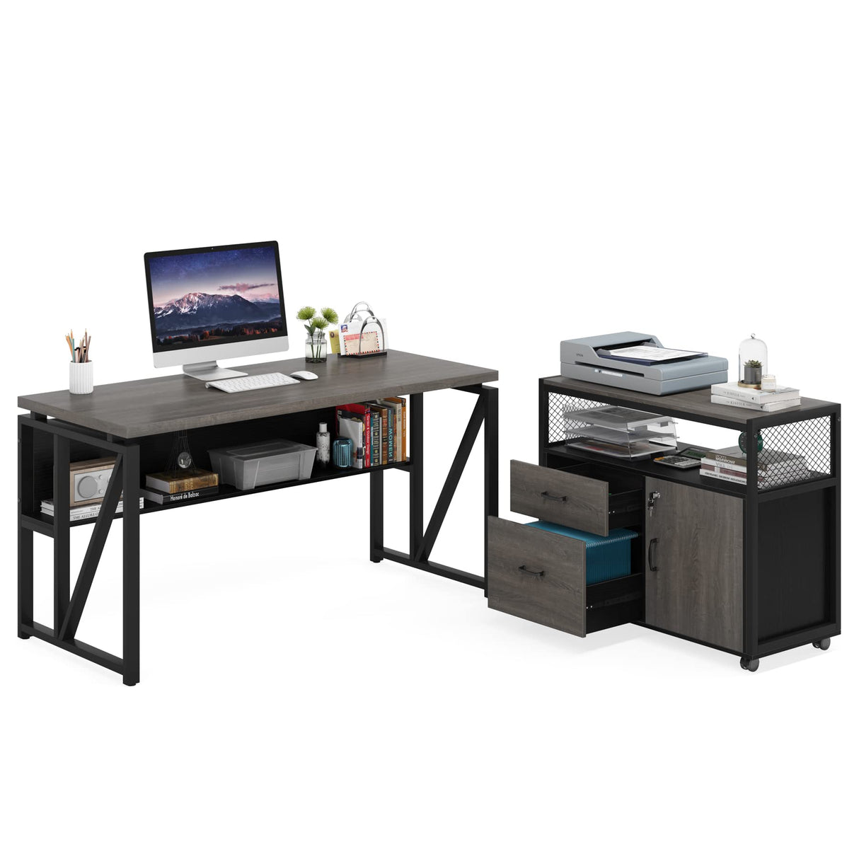 Tribesigns Office Desk with Drawers,55 inches L Shaped Computer Desk with Storage Shelves and Mobile File Cabinet, Executive Desk for Home Office Furniture Sets Tribesigns