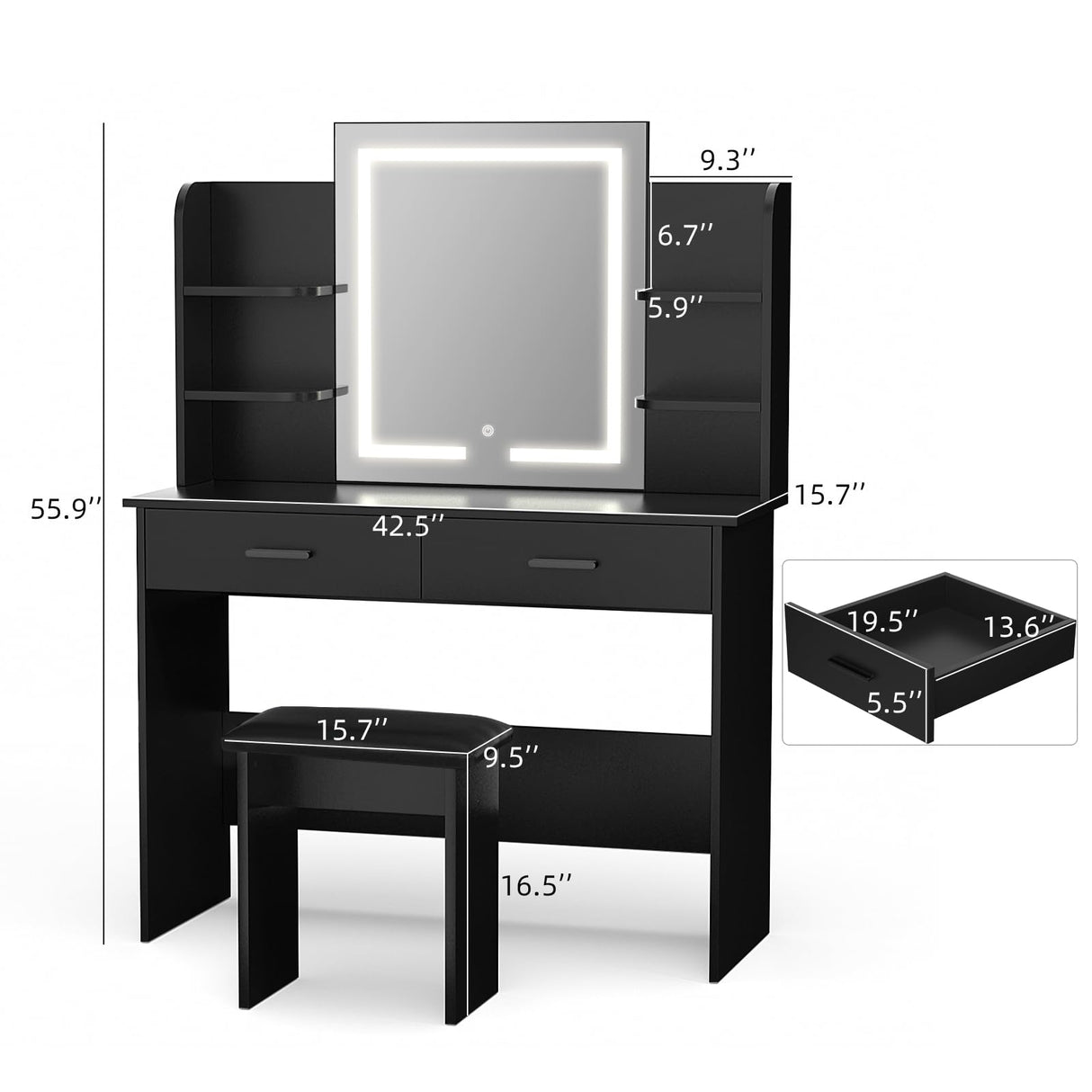 SMOOL Vanity Desk with Lighted Mirror - Makeup Vanity Table with 3 Color Light Options Adjustable Brightness, Vanity with 6 Storage Shelves, 2 Large Drawers, Vanity Set for Girls Women, Black SMOOL