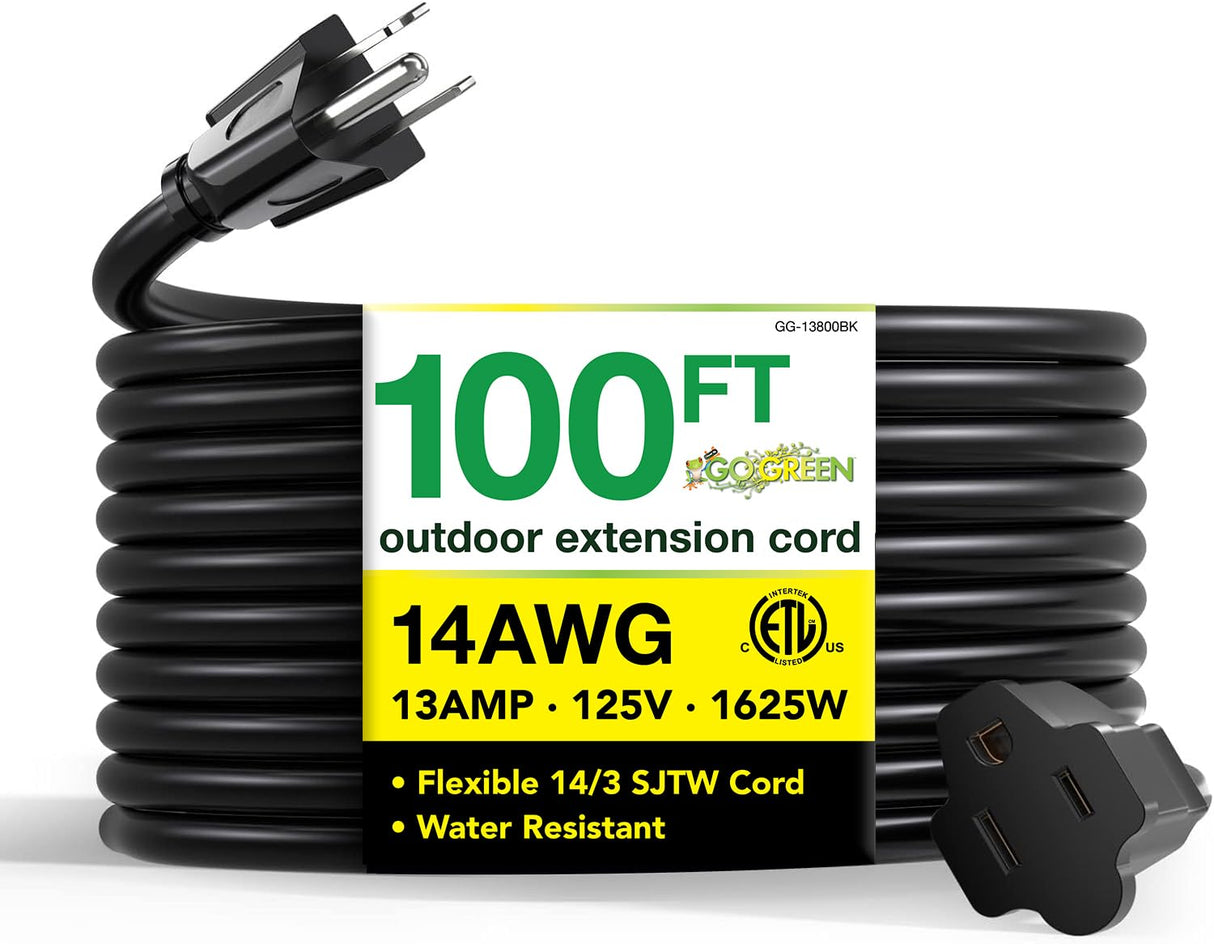 Go Green Power Inc. (GG-13800BK) 14/3 SJTW Outdoor Extension Cord, Black, 100 ft Power By GoGreen
