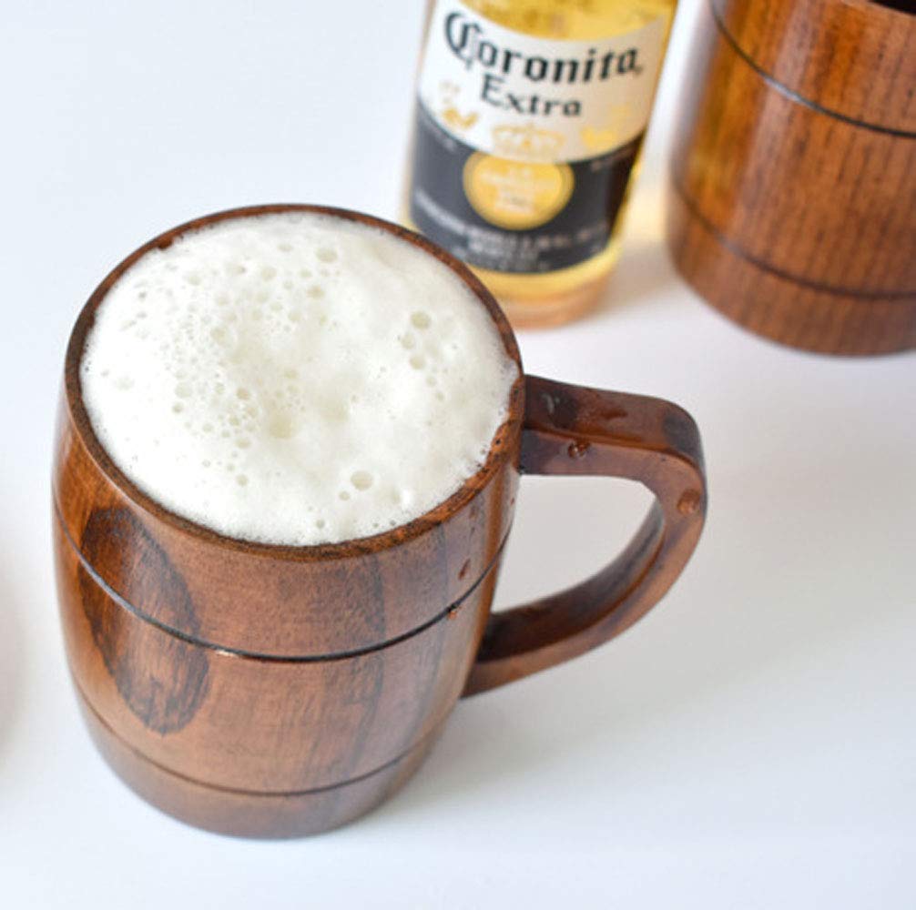 Wooden Beer Mugs,Top Grade Natural Handmade Retro Brown Wood Cup with Handle for Drinking Tea Coffee Wine Beer Hot Drinks,350 ML Wooden Tankard for Men/Women CLELO