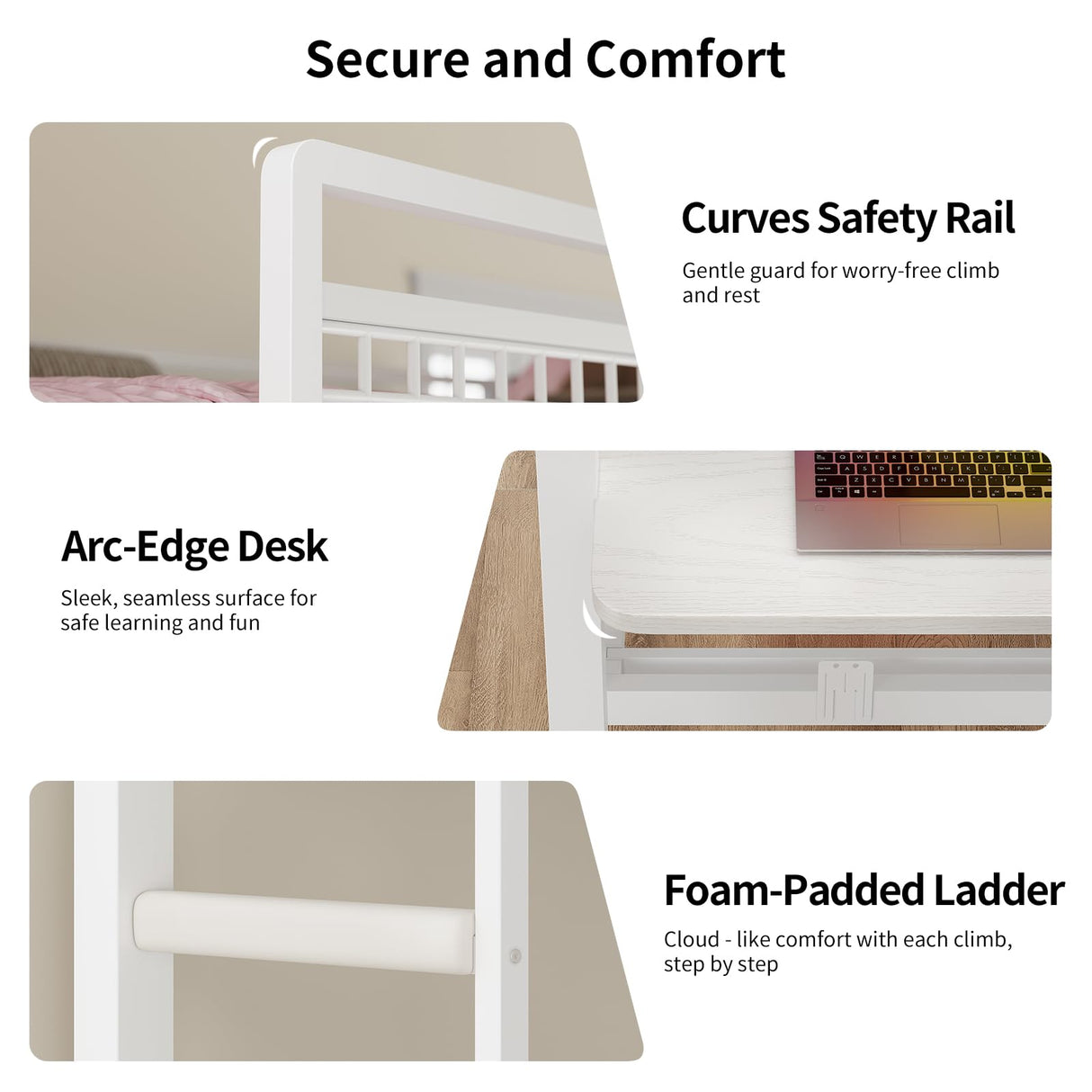 HAUOMS Bunk Bed with Desk, Twin Over Twin Metal Bunk Beds with Power Outlets, RGB LED Lights, 2 Larger Storage Drawers, Bed with Safety Guardrail & Ladders, No Box Spring Needed (White) HAUOMS