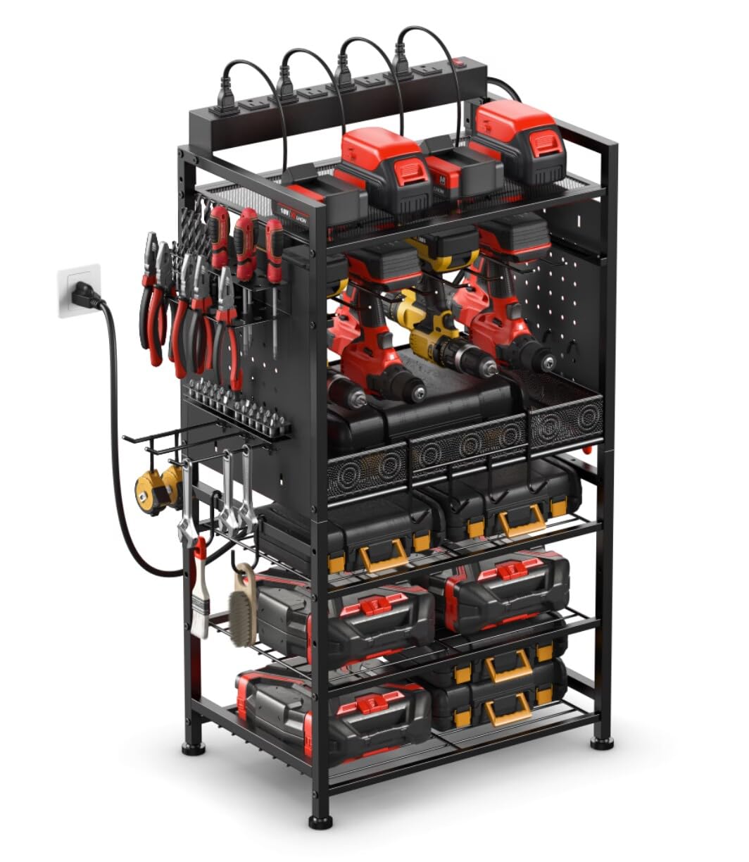 JUNNUJ Power Tool Organizer Floor Stand with Charging Station, Garage Adjustable Storage Rack Utility Tool Shelf with 8 Outlet 10 FT Power Strip, Heavy Duty Drill and Battery Holder JUNNUJ