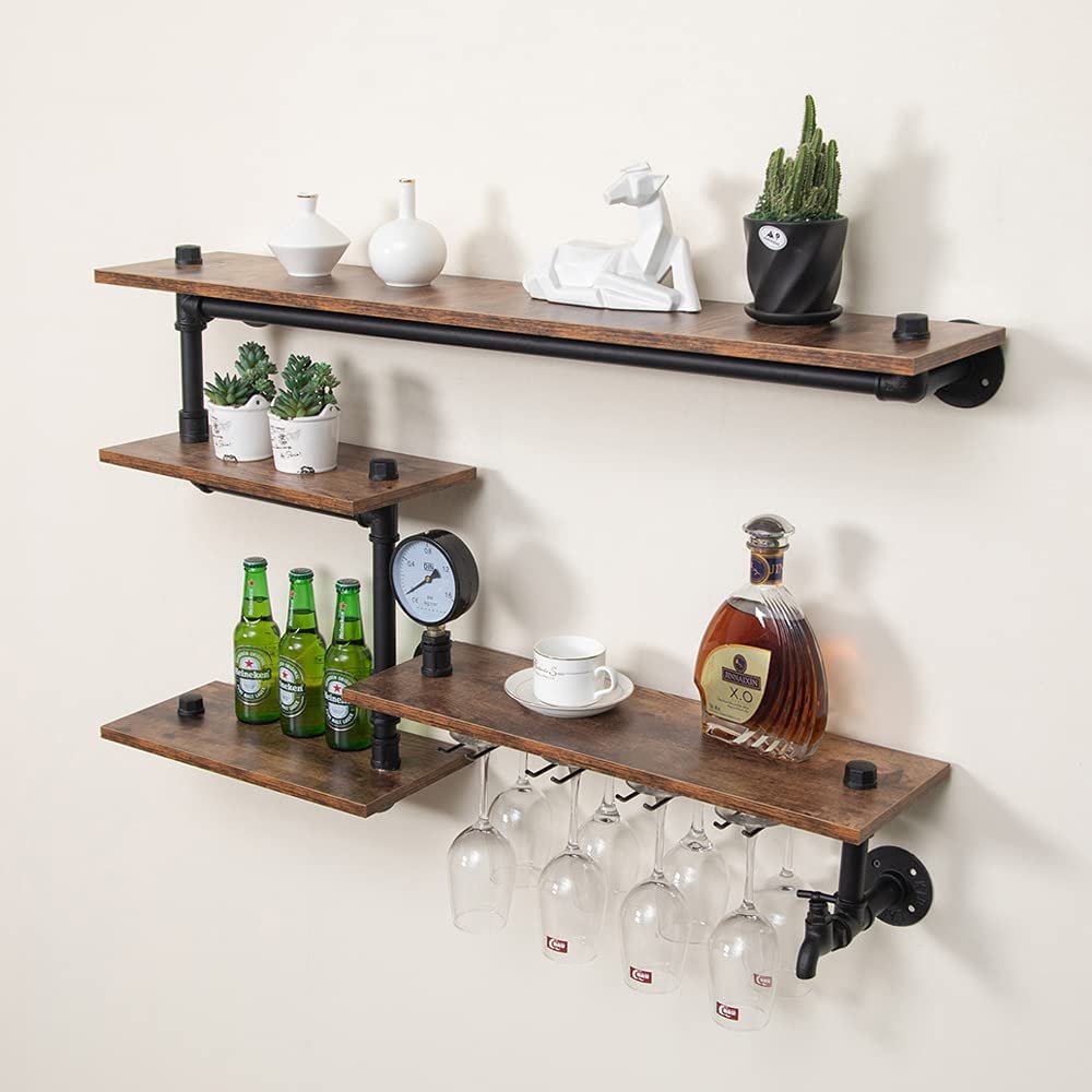 HEONITURE Industrial Pipe Shelves Wine Rack Wall Mounted with 4 Stem Glass Holder,Bar Shelves 39in Metal Hanging Wine Rack, Rustic Floating Pipe Shelf, Living Room Kitchen Decor Display Rack HEONITURE