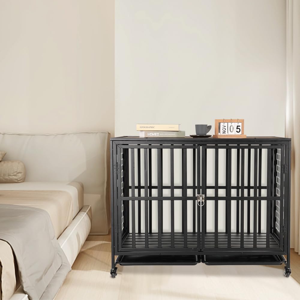 HIDOG 42'' Dog Crate Furniture, Wooden Dog Kennel with Lockable Wheels, Dog Crate End Table with Trays, Decorative Dog Kennel Indoor, Heavy Duty Dog Cage for Medium Large Dogs, Rustic Brown HIDOG