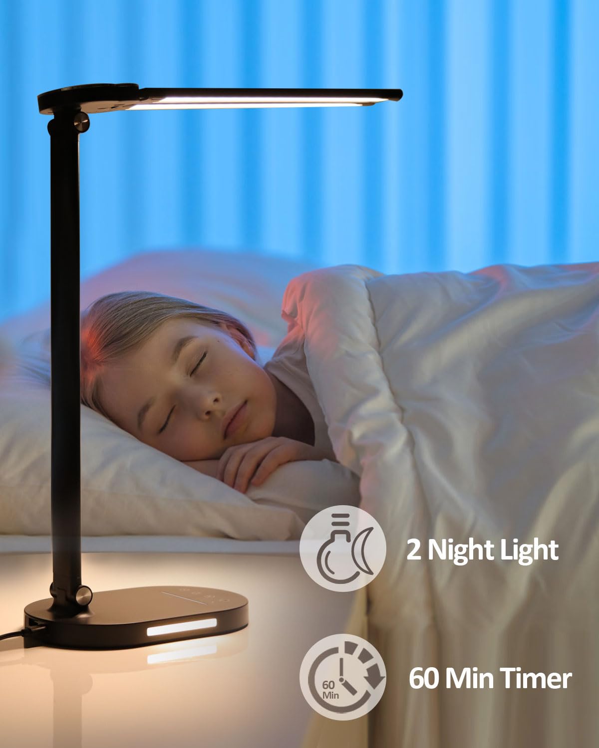LED Desk Lamps for Home Office, 14W Double Swing Arm LED Desk Lamp with USB Charging Port, Eye-Caring Architect Task Lamp, Desktop Lamp with Night Light Table Light for Work Study Craft with Adapter hukunos