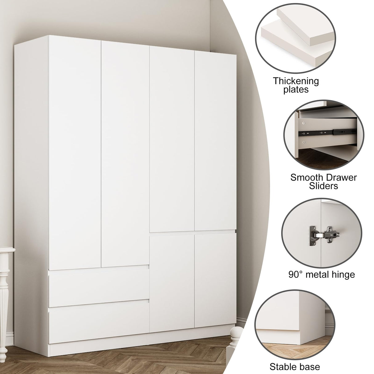 Jiaoun 78.74" 4-Door Armoire Wardrobe Closet, with Drawers and Shelves,Armoires and Wardrobes with Hanging Rod, Wooden Wardrobe Closet(White) 63" L x 20.39" W x 78.74" H Jiaoun