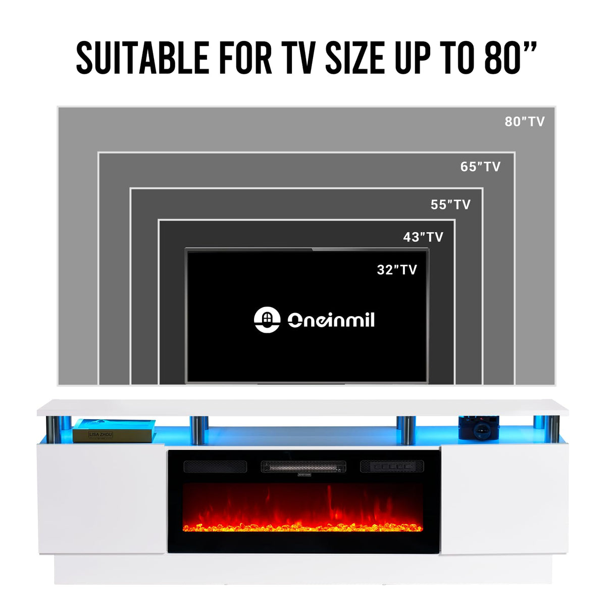 oneinmil Fireplace TV Stand with 36" Electric Fireplace,LED Light Entertainment Center,2 Tier TV Console Stand for TVs Up to 80",Fireplace for The Living Room TV Stand,White oneinmil
