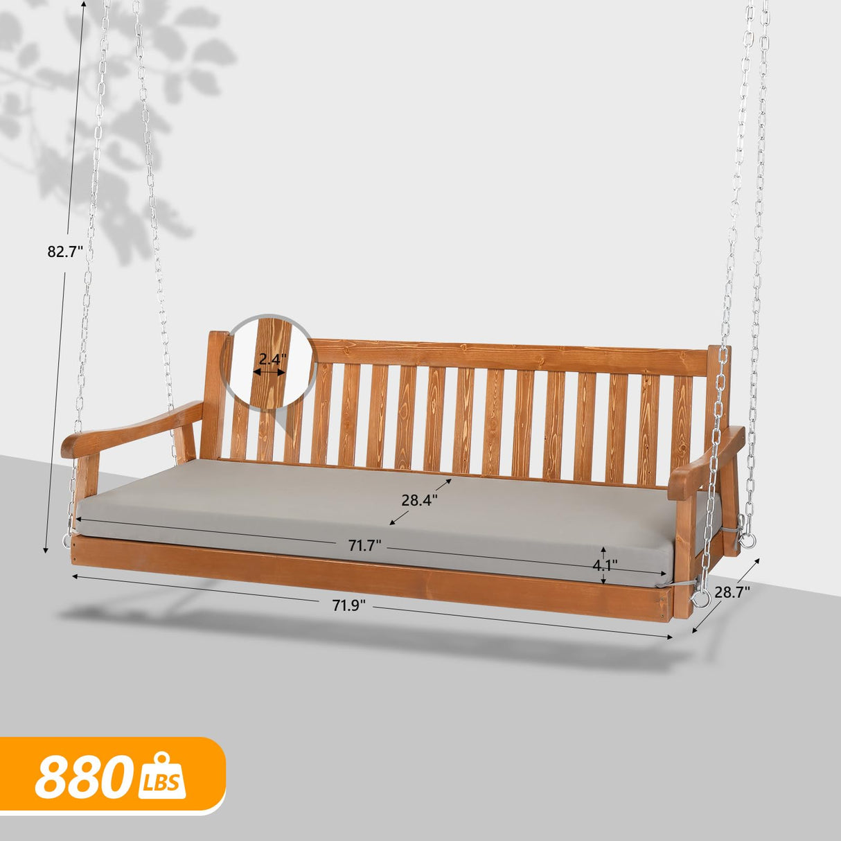 VINGLI Upgraded 6 FT Pine Wood Porch Swing Daybed, Heavy Duty 880 LBS Patio Hanging Swing Sofa Bench with Adjustable Chains and Grey Cushions, Brown Finish VINGLI