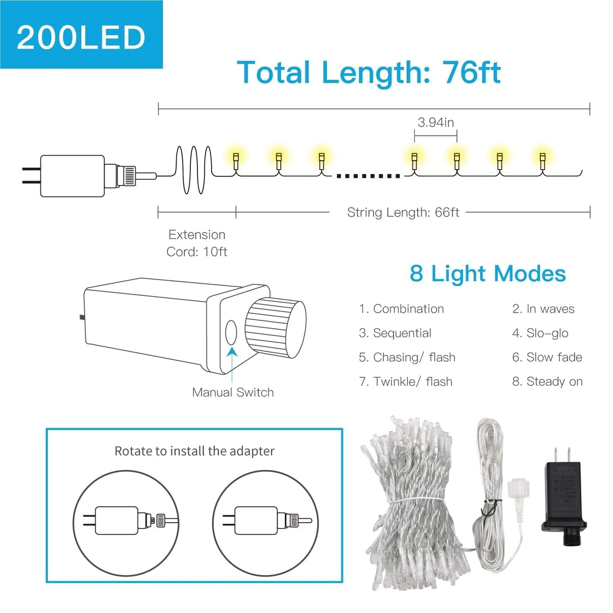 suddus Christmas Lights Outdoor, 66 ft 200 LED Plug in Warm White Fairy String Lights with Remote, Twinkle Lights for Bedroom, Indoor, Tree, Dorm, Wedding, Outside, Backyard Decorations suddus