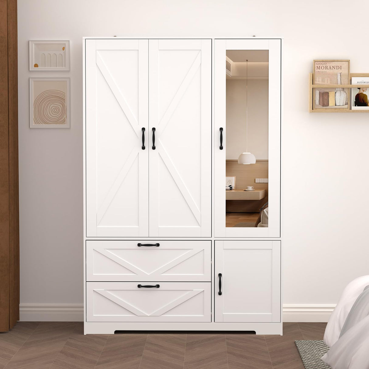 CORAZAZA Armoire Wardrobe Closet with Mirror Door,3 Doors Farmhouse Bedroom Armoire with Drawers and Adjustable Shelves,Wooden Armoire Wardrobe Closet with Hanging Rod for Bedroom(White) CORAZAZA