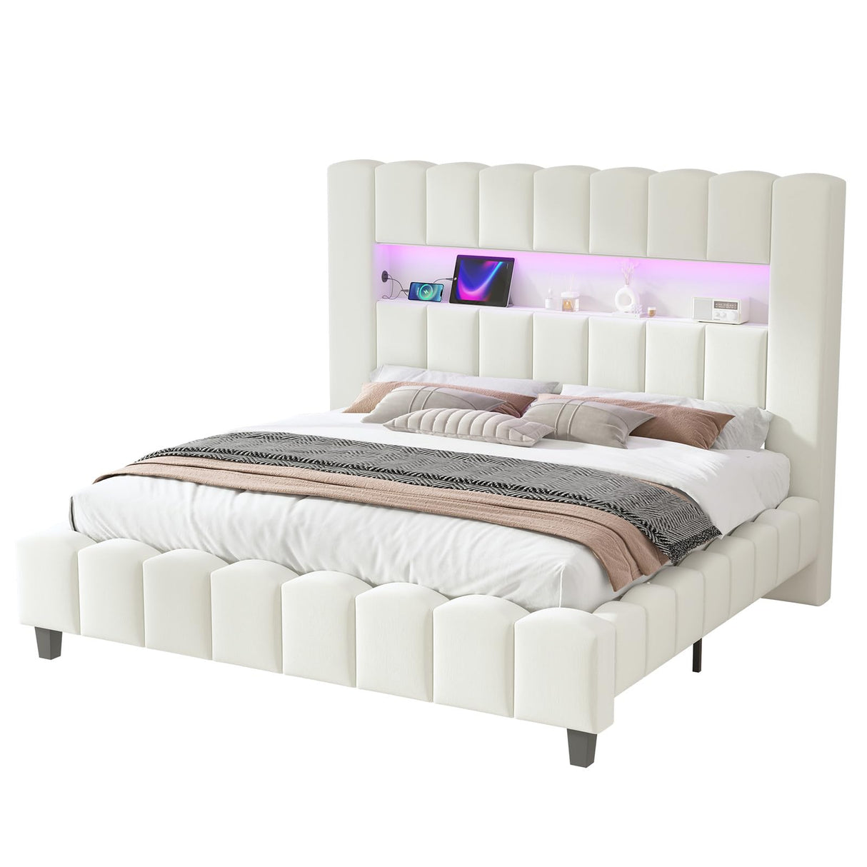 Jocisland King Bed Frame with 51.2" Tall Headboard, LED Lights & Charging Station, Velvet Upholstered Platform, No Box Spring Required, Cream Jocisland