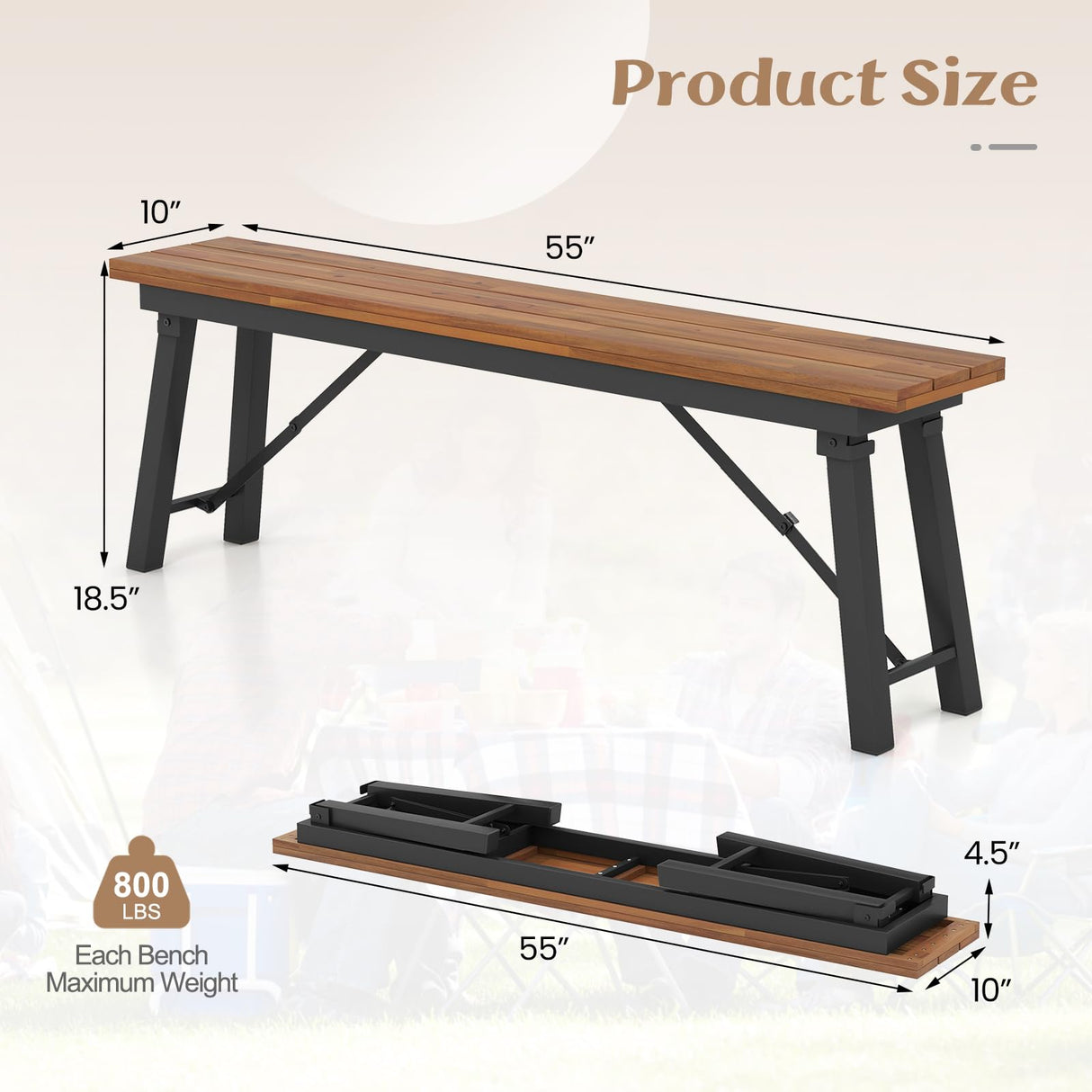 Tangkula Outdoor Dining Table With Benches for 4-6 Persons, No Assembly Foldable 59 Inches Narrow Patio Dining Table with Acacia Wood Top & Heavy Duty Metal Frame, for Yard, Garden, Poolside or Indoor Tangkula