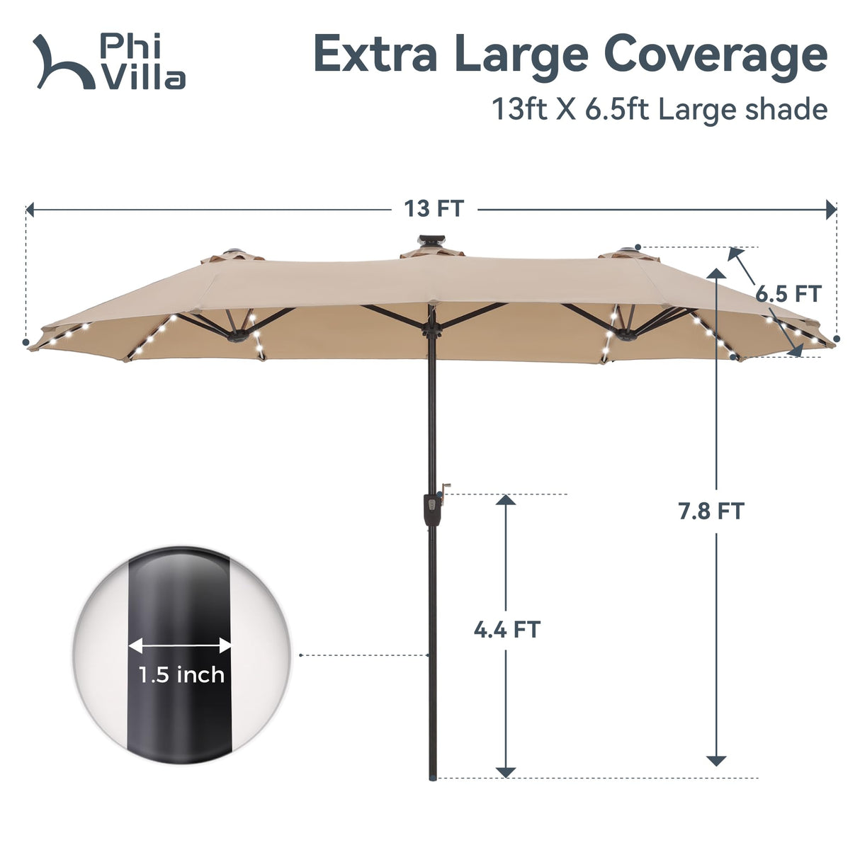 PHI VILLA 13ft Large Patio Umbrella with Solar Lights, Double-Sided Outdoor Market Rectangle Umbrella with 120 PCS LED Lights, Beige (No Base) PHI VILLA