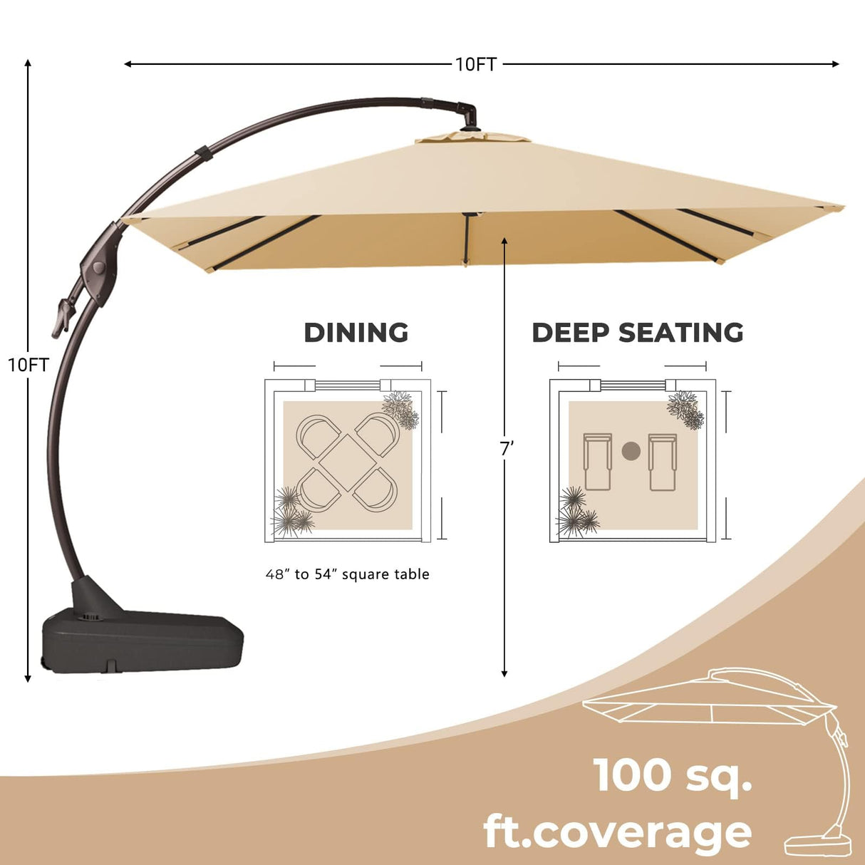 Grand patio 10x10 FT Patio Offset Umbrella Large Square Aluminum Cantilever Umbrella Base Included for Deck Porch (Champagne, 10x10 FT) Grand patio