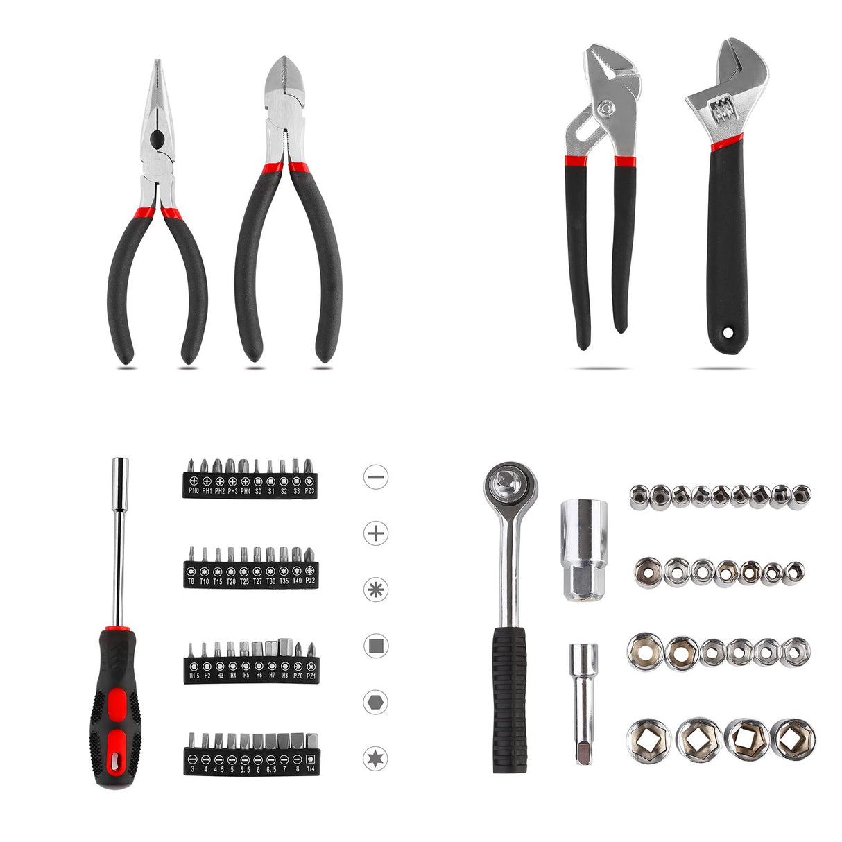 TLGREEN 95 Piece Tool Set, Tool Kit, Mechanics Tool Set, Portable Toolbox with Adjustable Wrench Pliers Socket Bits, with Plastic Toolbox, for House Apartment Garage (Red) TLGREEN