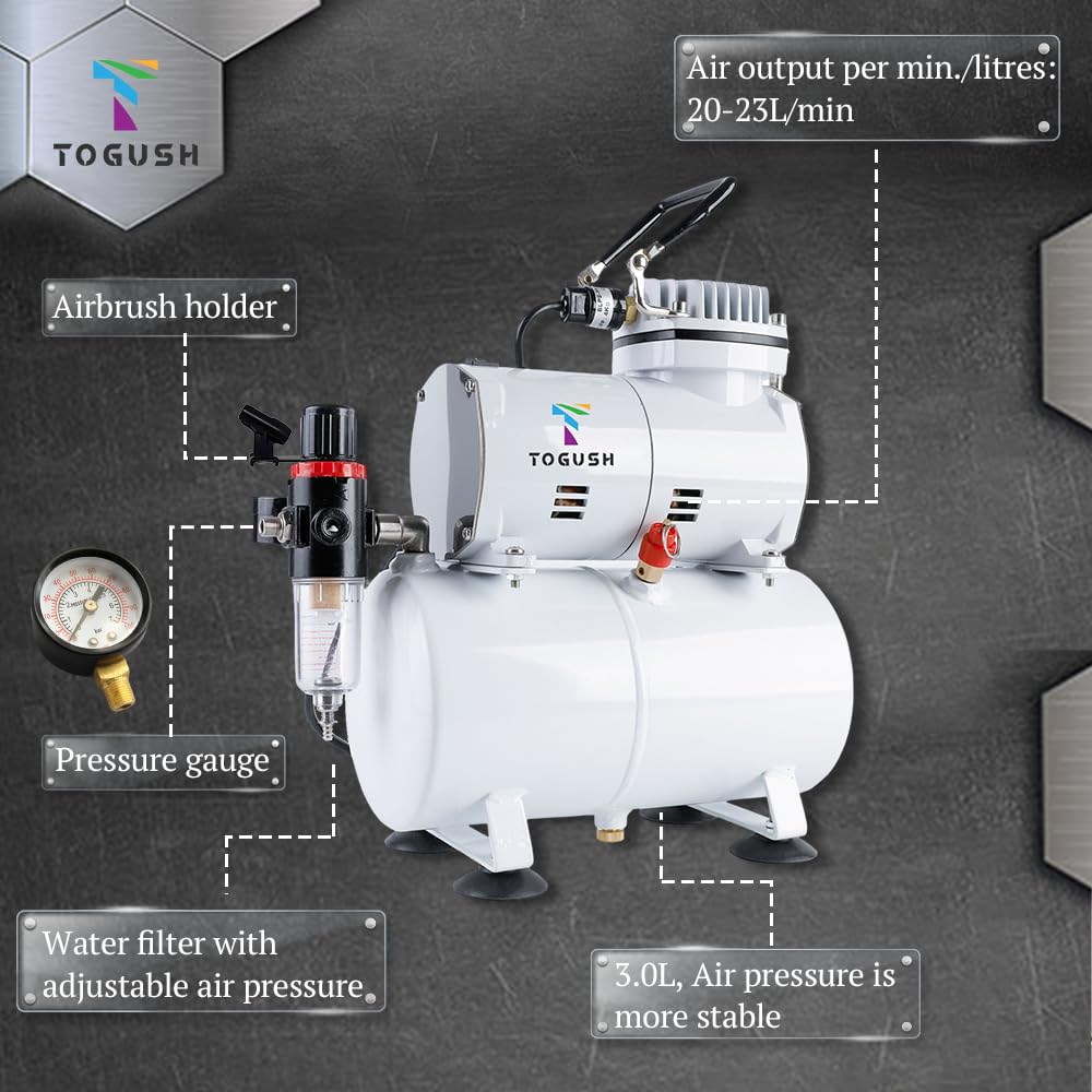 T TOGUSH Airbrush Kit with Air Tank Compressor 2 Dual-Action Gravity Airbrush with 0.2mm 0.3mm 0.5mm Nozzle Air Compressor with Airbrush Coloring Tool Cleaning Brush for Model Paint Hobby Craft T TOGUSH