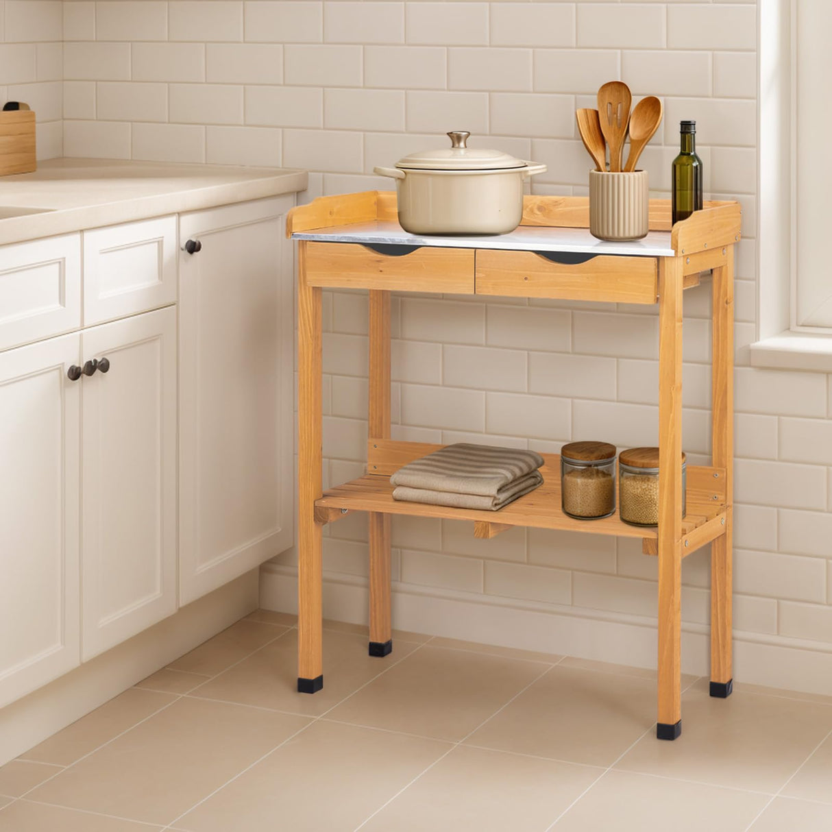 Outvita Outdoor Garden Potting Bench Table Work Bench with 2 Drawer, Storage Shelf, Metal Tabletop, 3 Hooks for Horticulture, Natural Wood Outvita