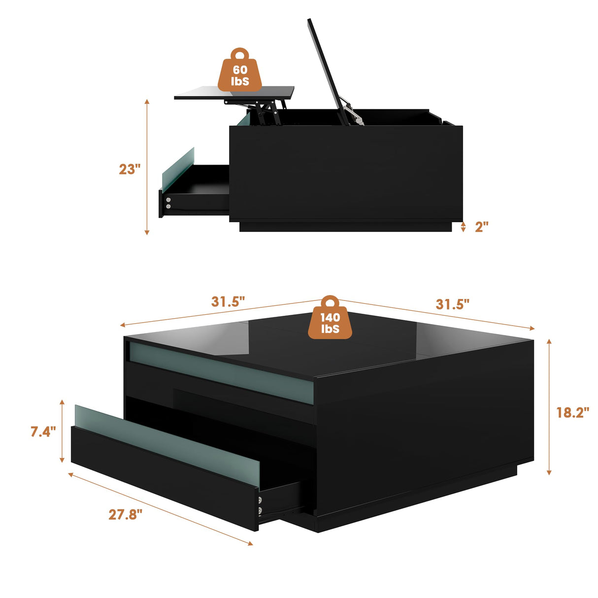 High Gloss Coffee Table with Storage,Black Square Lift Top Coffee Tables with LED & Flip Lid, Small Modern Coffee Table for Living Room with Drawer HAIOOU