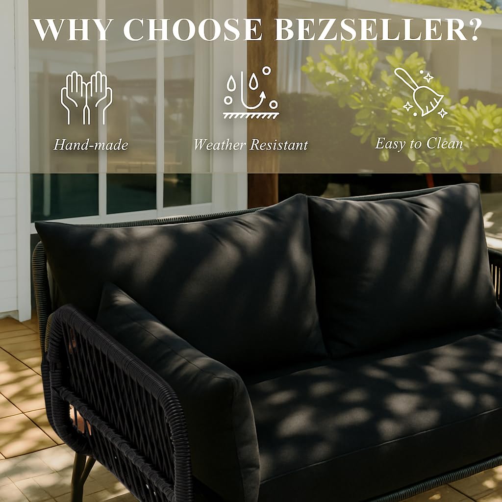 Bezseller 3-Piece Outdoor Patio Furniture Set, L-Shaped Rattan Sectional Sofa with Thick Cushions, Glass Coffee Table – All-Weather Conversation Set for Backyard, Porch, Poolside Bezseller