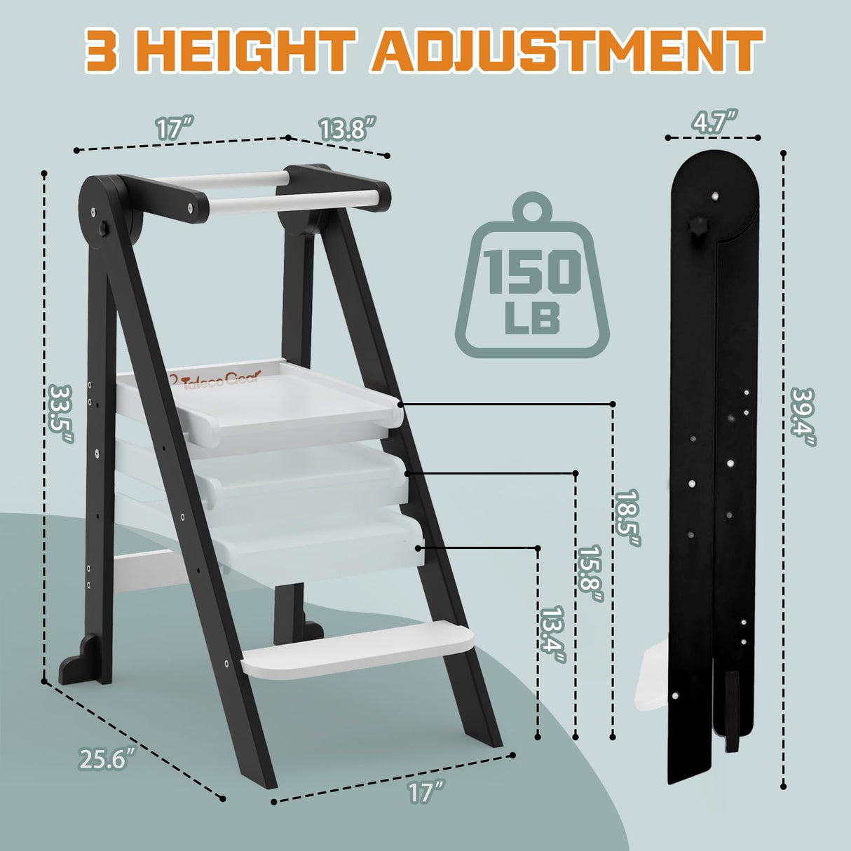 Foldable Toddler Kitchen Stool Helper, Toddler Tower with 3 Adjustable Height, Wooden Toddler Step Stool, Collapsible Toddler Tower, Toddler Stool for Kitchen and Bathroom CaMecequter