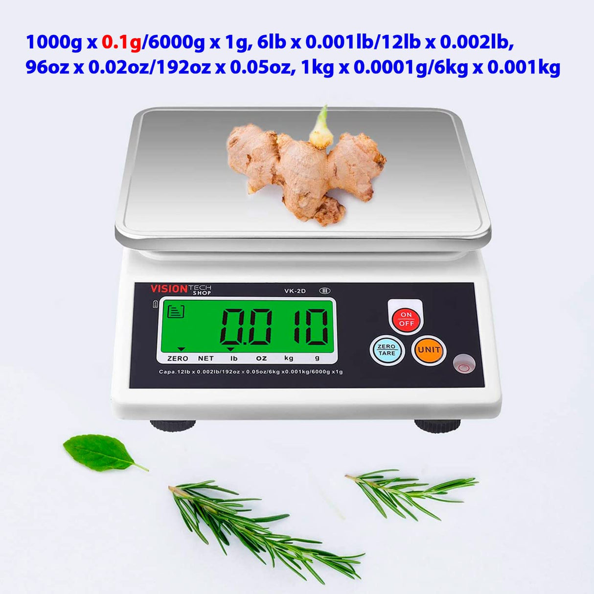 VisionTechShop VK-2D 0.1g Premium Food Kitchen Scale, Lb/Oz/Kg/g Switchable, Stainless Steel Plate Food Scale, Large LCD Display with Backlight, 12lb Max Capacity, 0.001lb Readability VisionTechShop