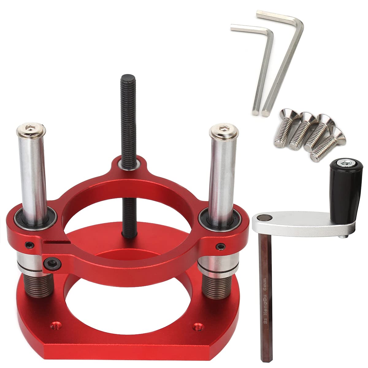 KETIPED Adjustable Router Lift for 65mm Diameter Universal Trimming Machine,Aluminum Under-Table Router Base for Router Table Insert Base Plate with Double Stainless Steel Support Rod,MG-061RED KETIPED