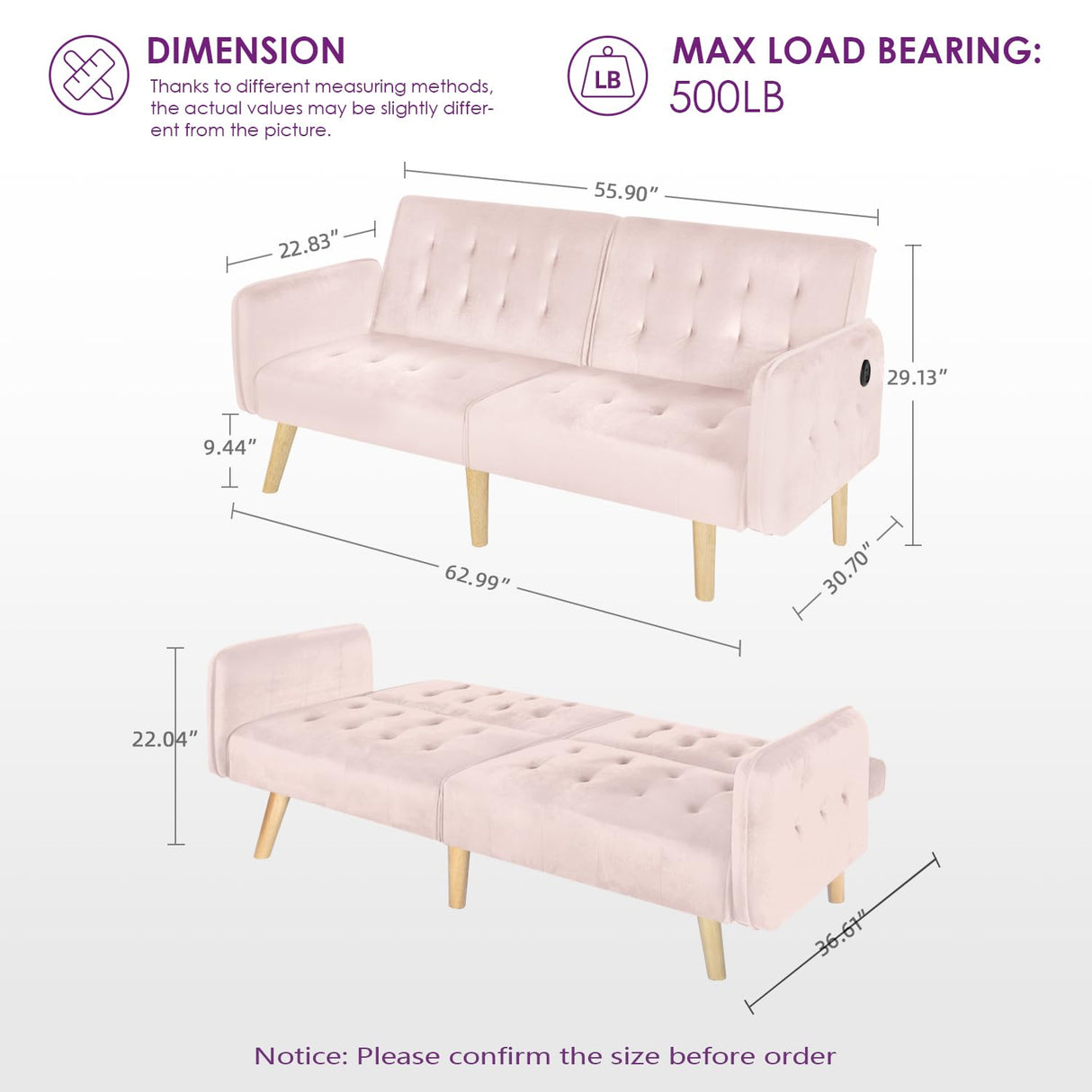 TYBOATLE 65" W Velvet Modern Convertible Folding Futon Couch Sofa Bed w/ 2 USB Charging Ports and arms, Loveseat for Compact Living Space, Dorm, Game Studio, Bonus Room, Apartment, Bedroom (Pink) TYBOATLE