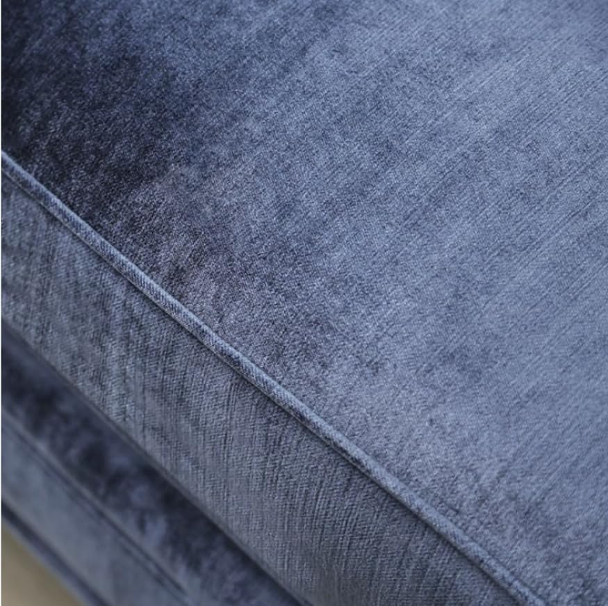 MASARA Contemporary Satin Blue Microfiber Sofa, 96 inch with Chrome Legs, Track Arms, Silver Accent Pillows MASARA