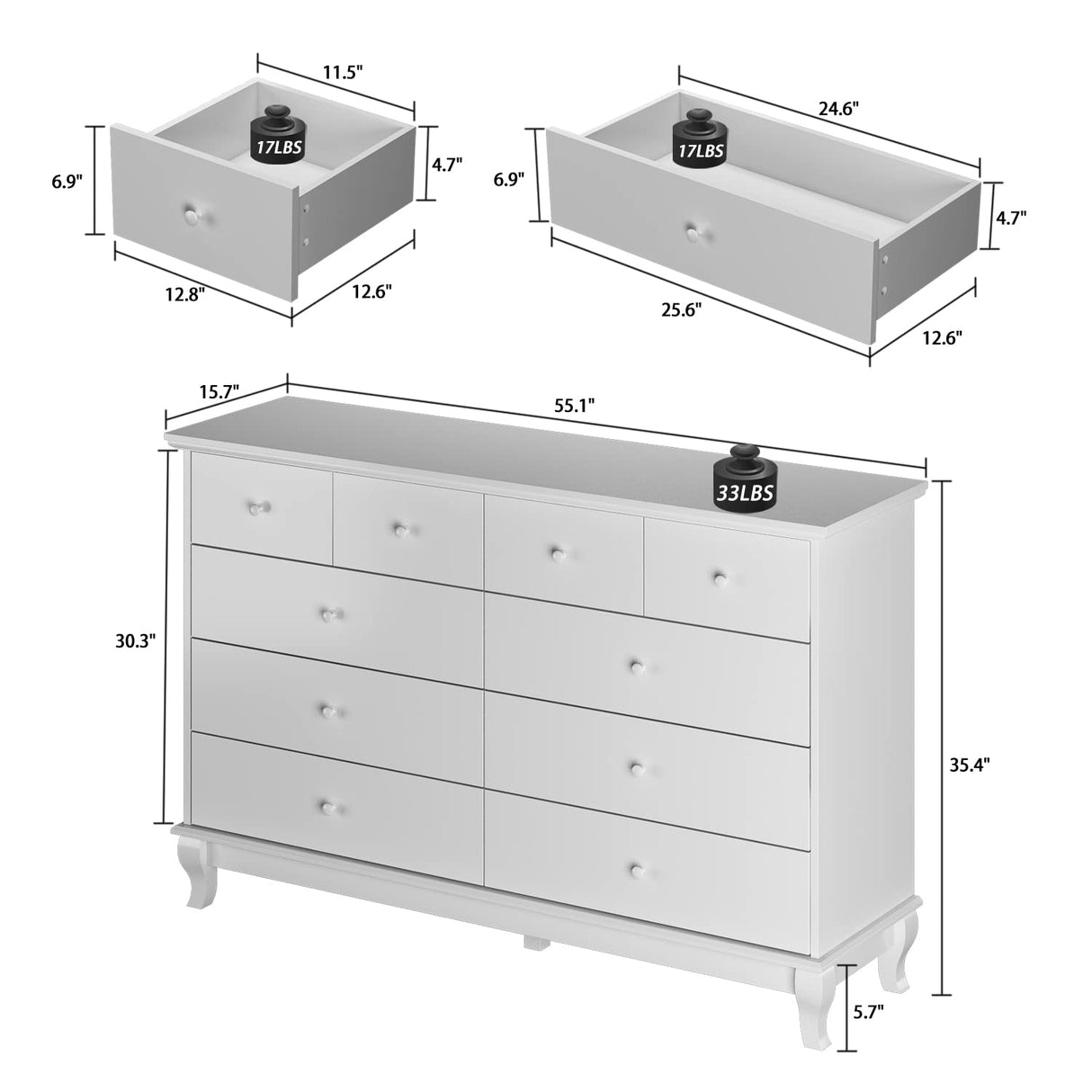 Homsee 10 Drawer Double Dresser with Stylish Carved Legs, Modern Wood Dresser Chest of Drawers with Large Storage Space for Bedroom, White (55.1”W x Homsee