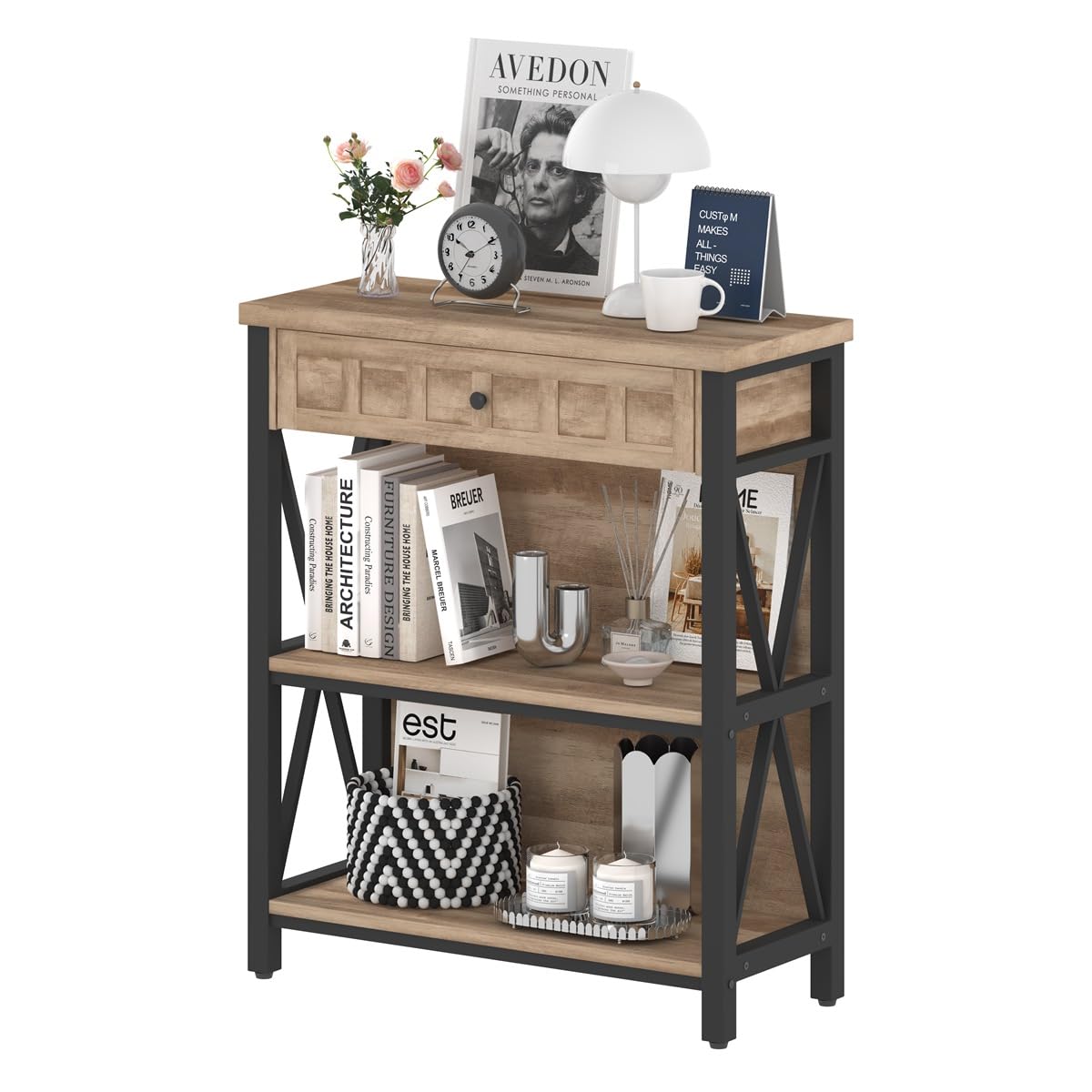 FATORRI Rustic Bookshelf with Drawer, Industrial Wood and Metal Bookcase, Small Short Book Shelf and Low Book case for Small Space (Rustic Oak) FATORRI
