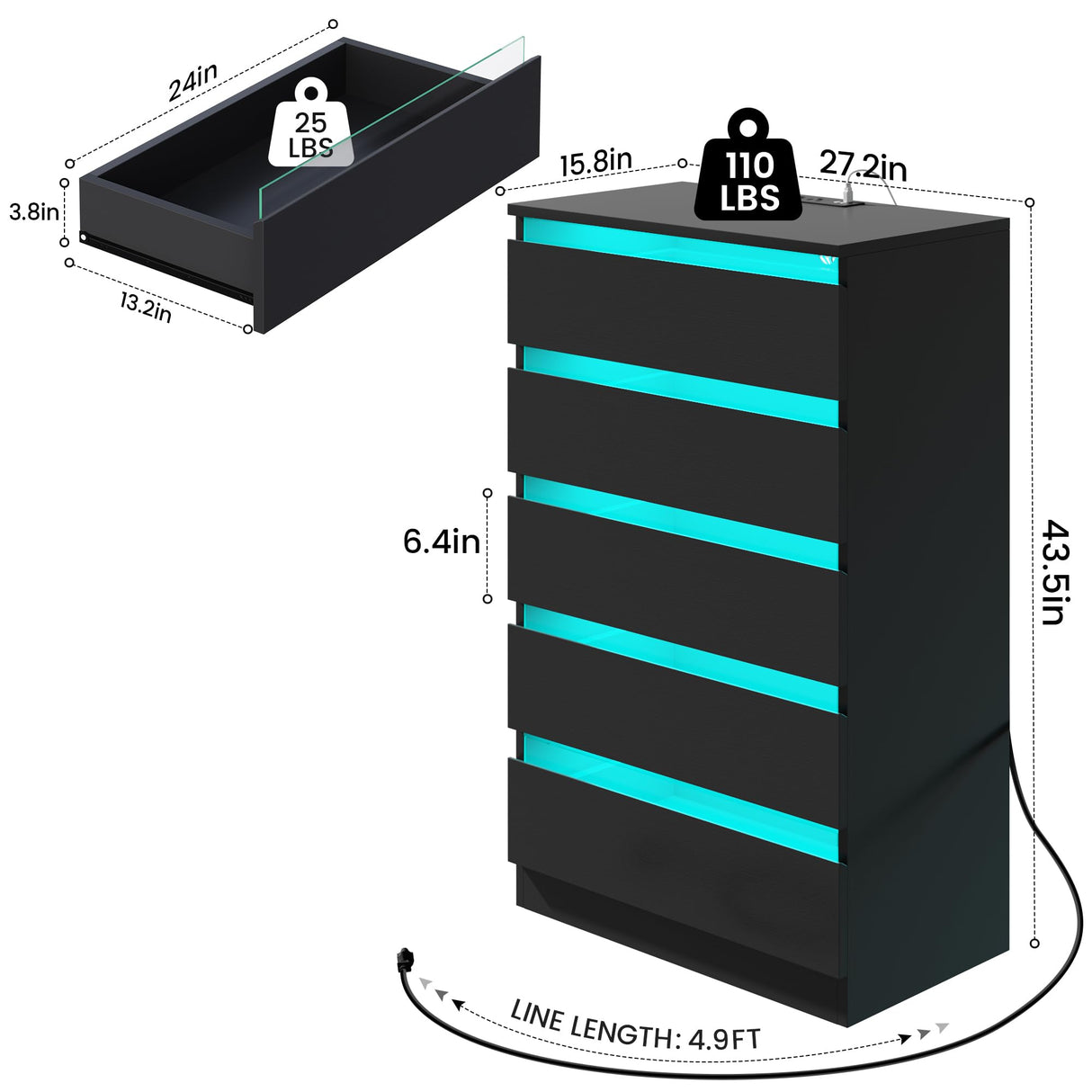 OTUTUMUS Black Dresser with Power Outlets & LED Lights, 5 Drawer Tall Black Dresser with Tempered Glass Panel, Chest of Drawers for Bedroom with Embedded Handle, 27.2" W x15.8 D x 43.5" H OTUTUMUS