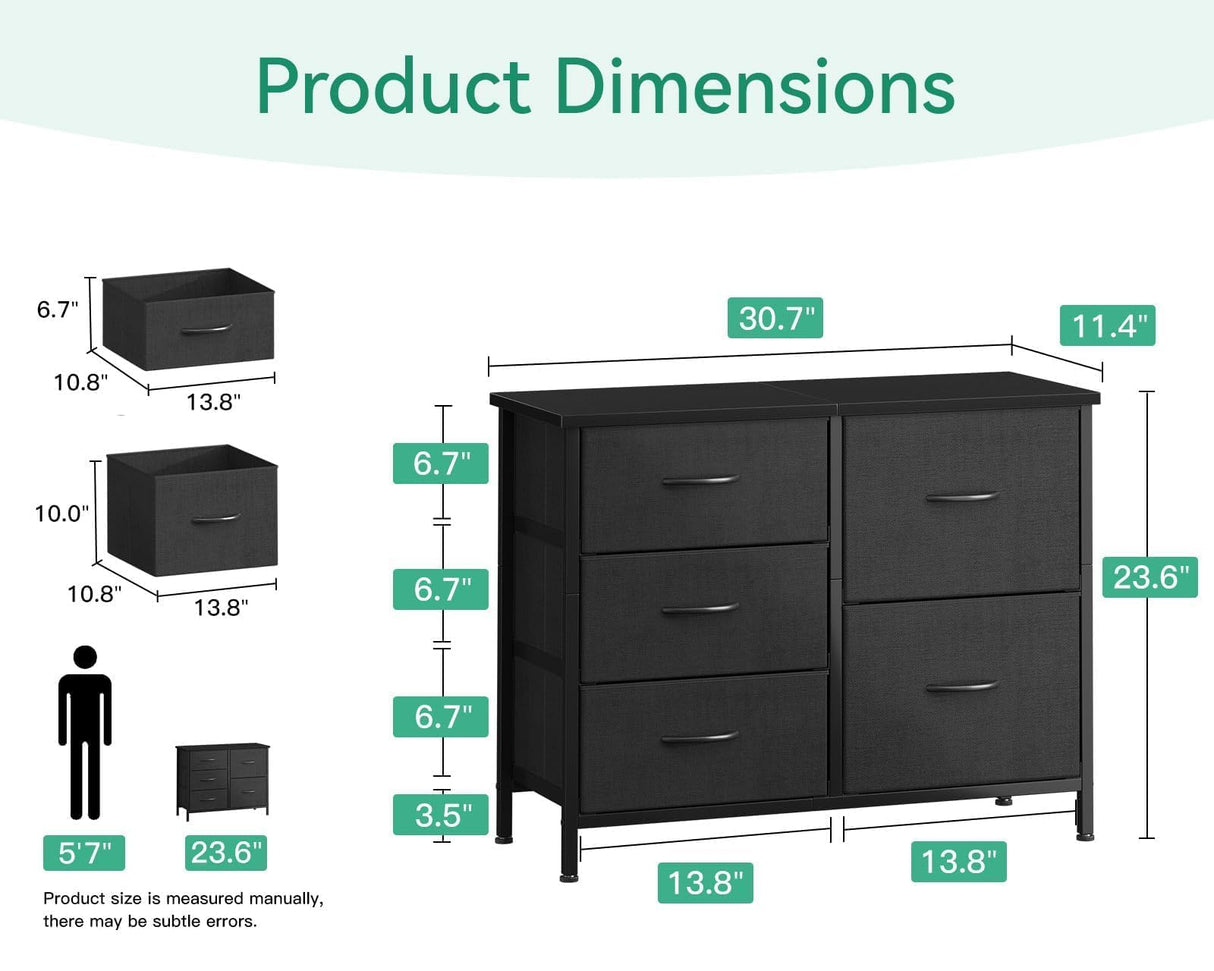 AODK Dresser for Bedroom Dresser TV Stand with 5 Storage Drawers, Small Fabric Dresser Chest of Drawers for Closet Organizer Clothes, Black AODK
