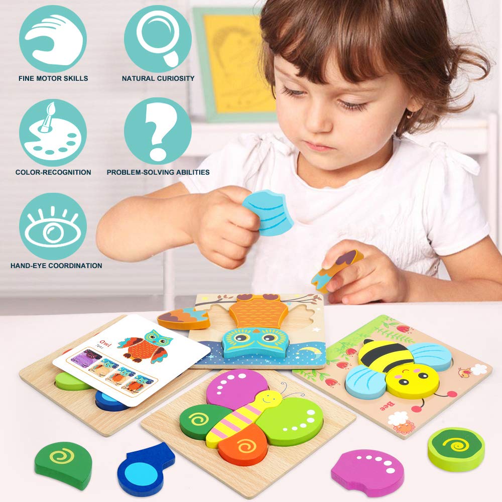 Toddler Puzzles, Wooden Jigsaw Animals Puzzles for 1 2 3 Year Old Girls Boys Toddlers, Educational Preschool Toys Gifts for Colors & Shapes Cognition Skill Learning LURLIN