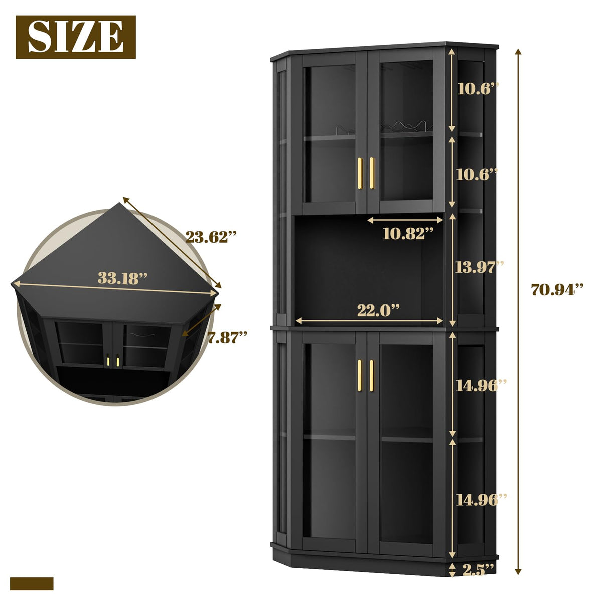 71'' Corner Wine Bar Cabinet with LED Lights,5-Tier Tall Home Liquor Coffee Bar Cabinet W with Tempered Glass Door & Glasses Rack, Alcohol Cabinet Storage Hutch for Kitchen, Living Room, Dining Room Loomie