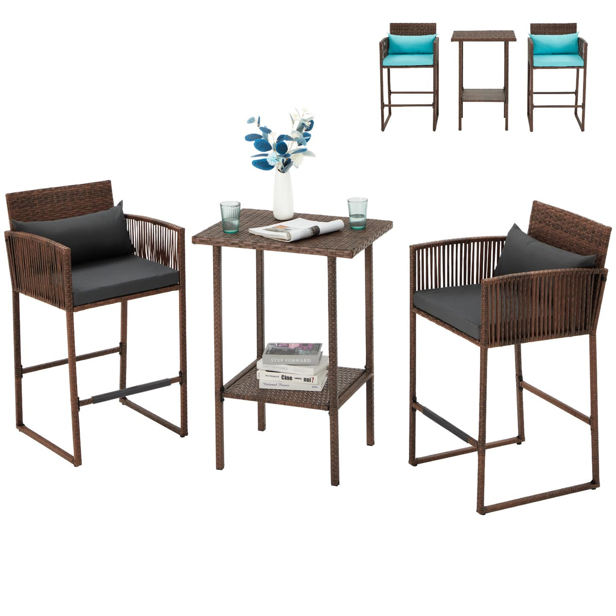 AVAWING 3PCS Patio Wicker Bar Set, Outdoor Bistro Rattan Barstool Furniture, Height Counter Table and Chairs for Backyard, Poolside, Balcony, Steel Frame w/Extra Cushion Covers Gray/Blue AVAWING